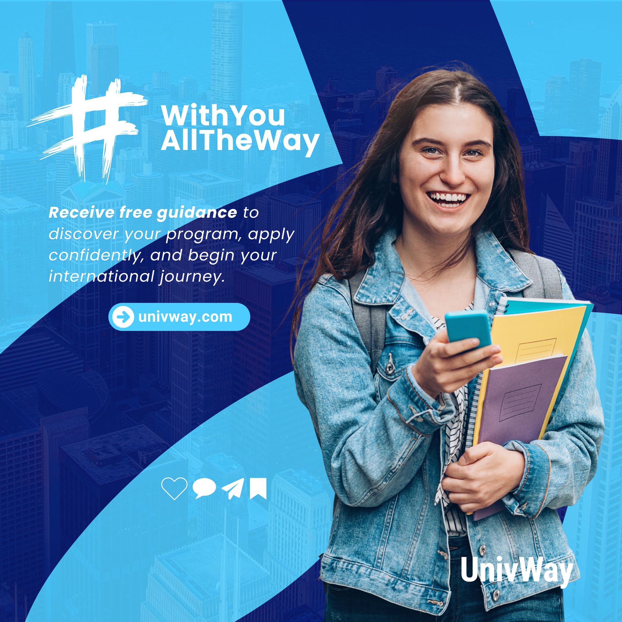 Ready to take off toward your study abroad dream?
At UnivWay, we guide you from “Where do I start?” to “I’m all set!” 🌍💙
👉 Free support to find your ideal program, apply with confidence, and begin your international journey.
#WithYouAllTheWay #StudyAbroadMadeSimple #UnivWay #GlobalEducation
