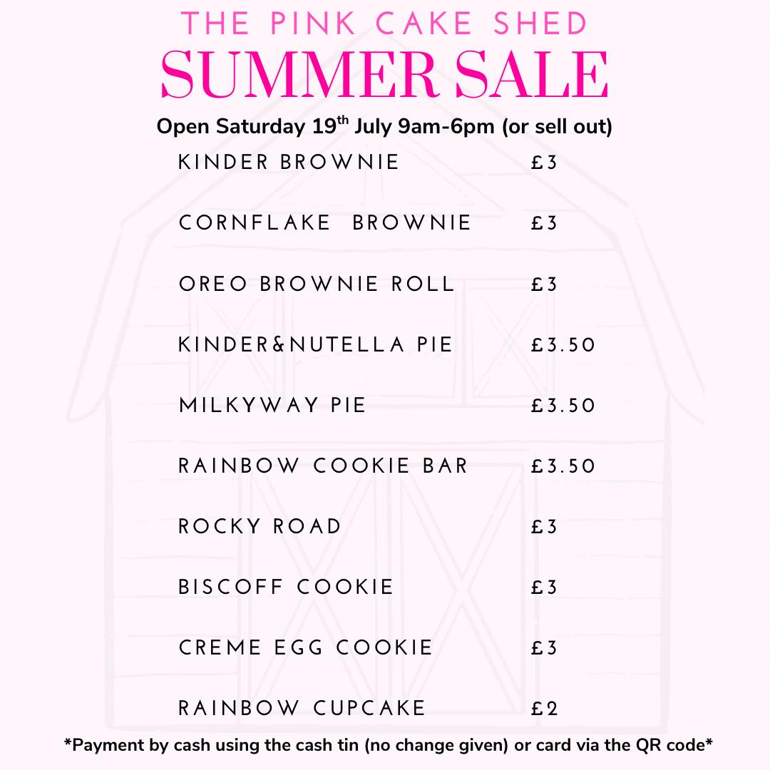 🩷 The Pink Cake Shed is open tomorrow 🩷
We've got a little slice of all your favourites with a cheeky discount on everything 😉
Open Saturday 19th July 9am-6pm (or sell out 🤞🏻).
#cakeshed #pinkcakeshed #thepinkcakeshed #cakestogo #honestybox #thepinkcakeshed #cakehonestybox #homemade #cakemaker #cakeartist #foodstagram #smallbusiness #cakestagram #cakesofinstagram #marketstall #supportlocal #supportsmallbusiness #thepinkcaketent #mariascakesandbakes #eastleigh #southampton #romsey #hampshire