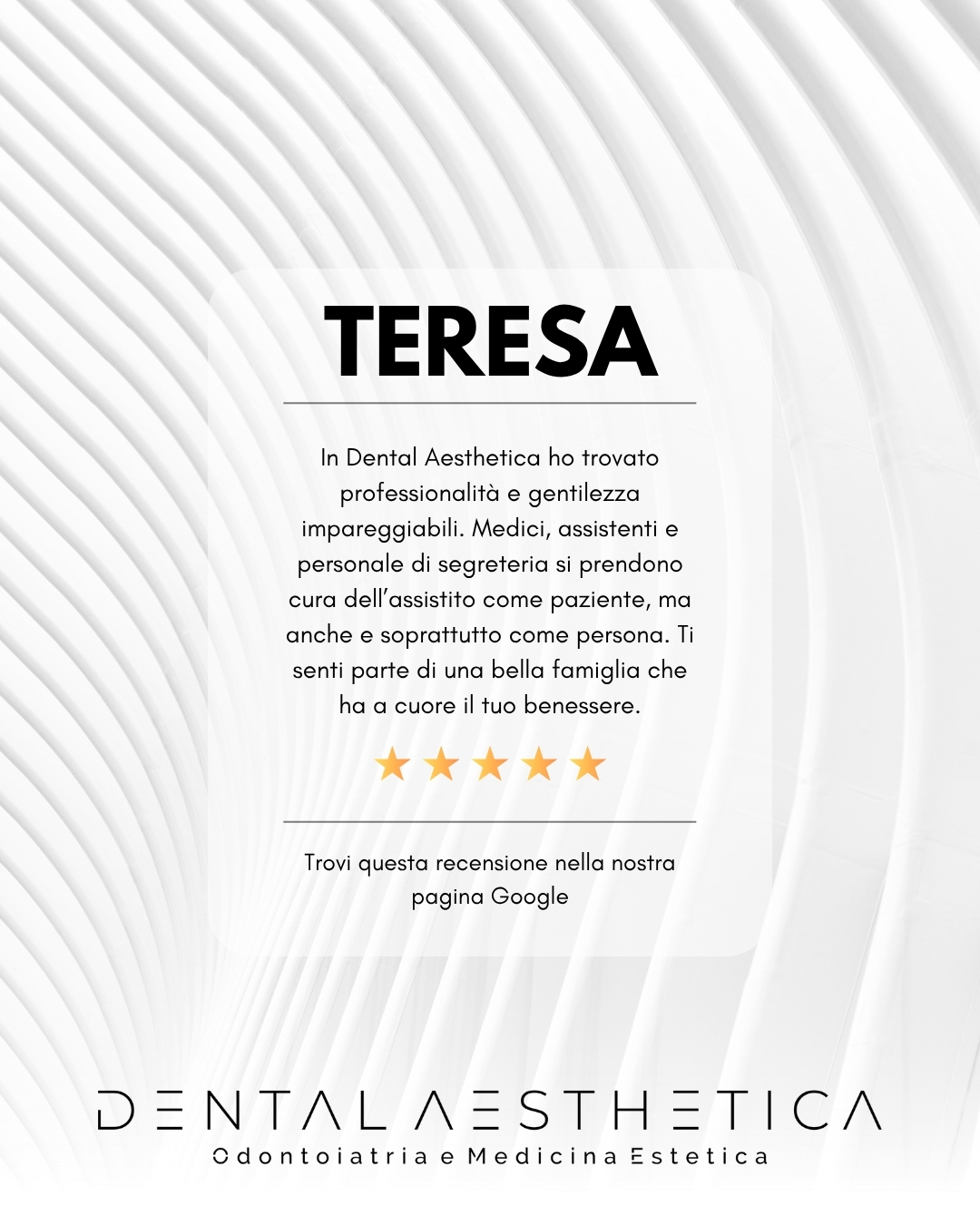 ⭐ Trovi questa e tante altre recensioni nella nostra pagina Google.
Visita il nostro sito e troverai:
▪️ Tutte le nostre specializzazioni
▪️ Lo staff dello studio
▪️ Gli ultimi lavori sui nostri pazienti
▪️ Recensioni
▪️ Chi siamo e perché scegliere il nostro studio
Link in bio!
Dental Aesthetica
📍 viale della Grande Muraglia 256
📱 375 88 47 069
#dentista #dentistaroma #like