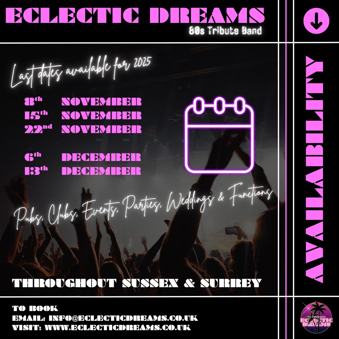 Are you looking to put on an 80s night?
Last available dates for 2025.
For bookings, further information, prices or a quick chat, just ping us an email to info@eclecticdreams.co.uk