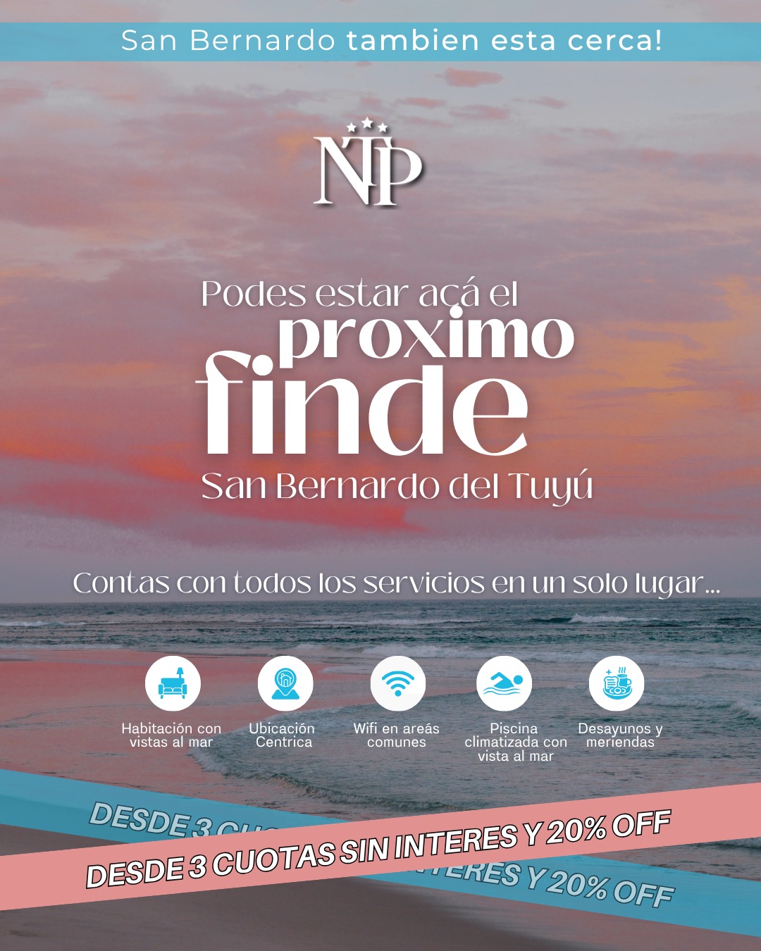 Escapate este finde al mar: descanso real a solo unas horas 🌊🧘♀️
¿Necesitás un corte? Te esperamos este fin de semana en San Bernardo, en nuestro hotel 3 estrellas frente al mar, con todo listo para que te relajes como merecés:
✔️ Desayuno continental
✔️ Piscina climatizada con vista al mar
✔️ Meriendas caseras
🧖♀️ Tardes de spa y relax total
📍 A pasos de la playa, lejos del ruido y cerca tuyo.
💸 Además, precios congelados y la posibilidad de pagar en 3 cuotas sin interés.
💬 No lo pienses tanto: este invierno, tu descanso es prioridad.
