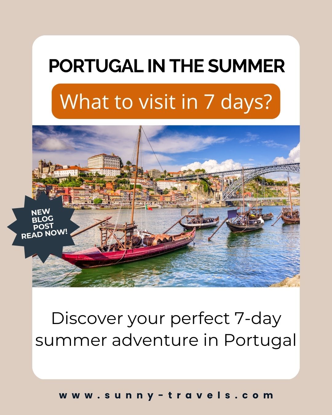 ✈️ Planning a summer trip to Portugal? 🇵🇹✨
Long days, stunning coastlines, incredible food, and the magic of historic towns — summer is the perfect time to explore it all.
We just shared our practical 7-day summer itinerary on the blog, packed with tips to beat the crowds, enjoy hidden gems, and make the most of every sunny moment.
✅ From Sintra’s fairytale palaces to Fátima’s spiritual calm
✅ From Évora’s Roman ruins to Douro Valley wine adventures
✅ With private transfers and custom tours for comfort and ease
✨ Read the full guide and start planning your dream week in Portugal today!
👉 https://www.sunny-travels.com/post/visiting-portugal-in-the-summer-your-7-day-itinerary-and-tips
Ready to travel? 🌞 Book your private tours and transfers with Sunny Travels!
www.sunny-travels.com