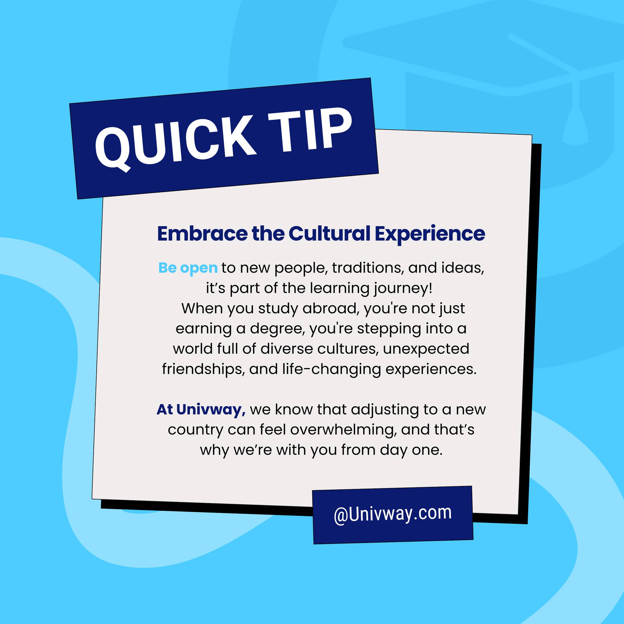 🌍 Embrace the Cultural Experience ✈️
Studying abroad is more than just classes — it's about discovering new traditions, meeting people from around the world, and growing beyond your comfort zone. 💬🌎
👉 Be open to learning, unlearning, and exploring.
With Univway, you’re never alone. We offer guidance and support to help you feel confident and connected in your new country.
#StudyAbroadLife #Univway #CulturalExperience #GlobalStudent #StudyInUSA #StudyInCanada #StudyInMexico #InternationalEducation #WithYouAllTheWay