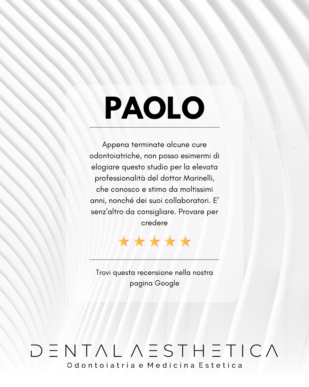 ⭐ Trovi questa recensione e tante altre nella nostra pagina Google.
Visita il nostro sito. Troverai:
🔘Le nostre specializzazioni
🔘Lo staff
🔘Gli ultimi successi
🔘Recensioni
🔘Chi siamo e perché scegliere Dental Aesthetica
Link in bio!
Dental Aesthetica
📍viale della Grande Muraglia 256, zona EUR-Torrino
📱375 88 47 069