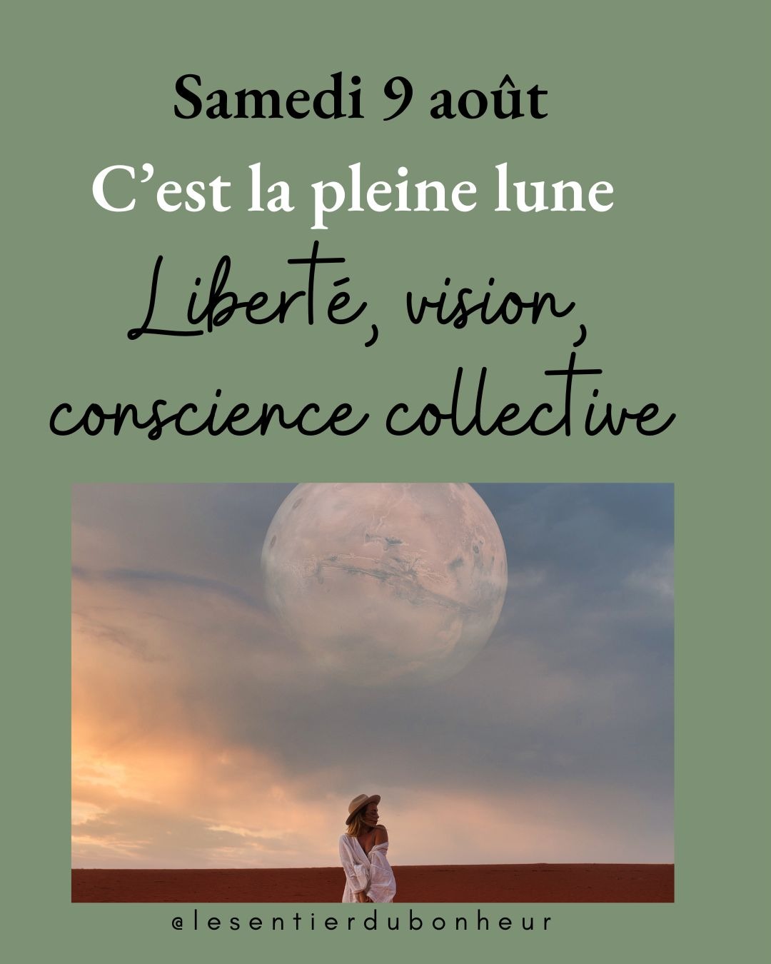 Pleine Lune en Verseau – 9 août 2025
Un moment clé pour faire le tri entre ce que tu fais pour plaire… et ce que tu fais par élan sincère.
Le Verseau nous pousse à penser grand, à rêver collectif, mais sans nous oublier.
Cette pleine lune peut faire émerger une envie de liberté, une prise de conscience ou une tension intérieure.
Prends un temps pour revenir à ton centre.
Je t’invite à lire l’article complet sur mon blog (lien en bio)
Et si tu veux aller plus loin : mon mini soin à distance t’aide à relâcher les tensions et à retrouver ton ancrage.
25.- par Twint au 079 442 67 42 ou directement sur mon site internet lien en bio.
Envoie-moi : nom, prénom et date de naissance
Et si tu souhaits un soin complet des chakras à distance, la réservation, lien en bio.
Je te souhaite une belle Pleine Lune.
#pleinelune #pleineluneverseau #rituelpleinelune #soinenergetique #chakras #spiritualité #authenticité #intuition #énergie #libertéintérieure #developpementpersonnel #bienetre #alignement