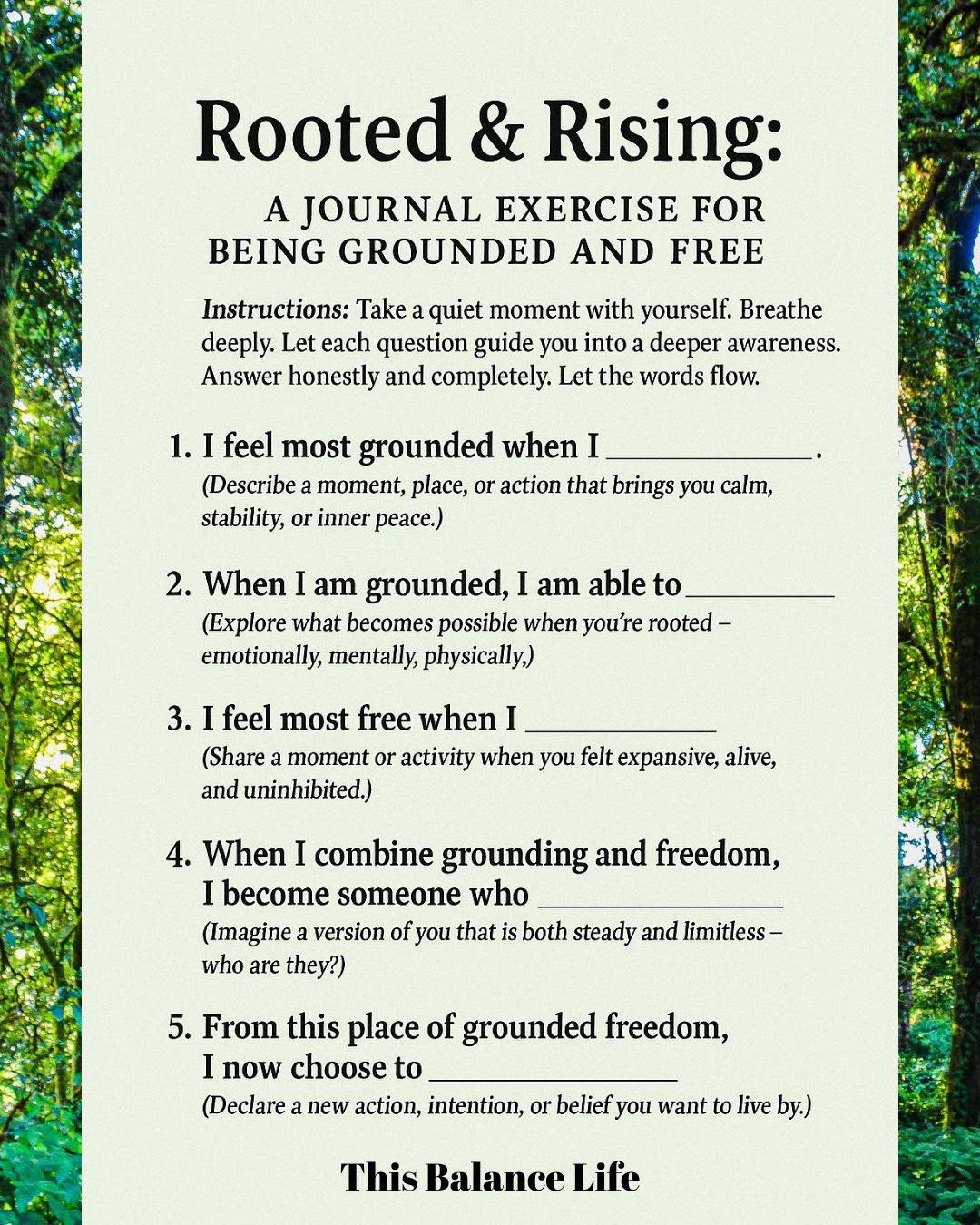 Rooted & Rising
Journaling and reflecting offer numerous benefits for mental health and personal growth by providing a space to process emotions, increase self-awareness, and foster resilience. Journaling can be very freeing and may show new perspectives. Regular journaling can reduce stress and anxiety, improve emotional regulation, and even contribute to a more positive outlook
Here’s a great journaling exercise to help you feel grounded, centered and free 🧘♀️🔮