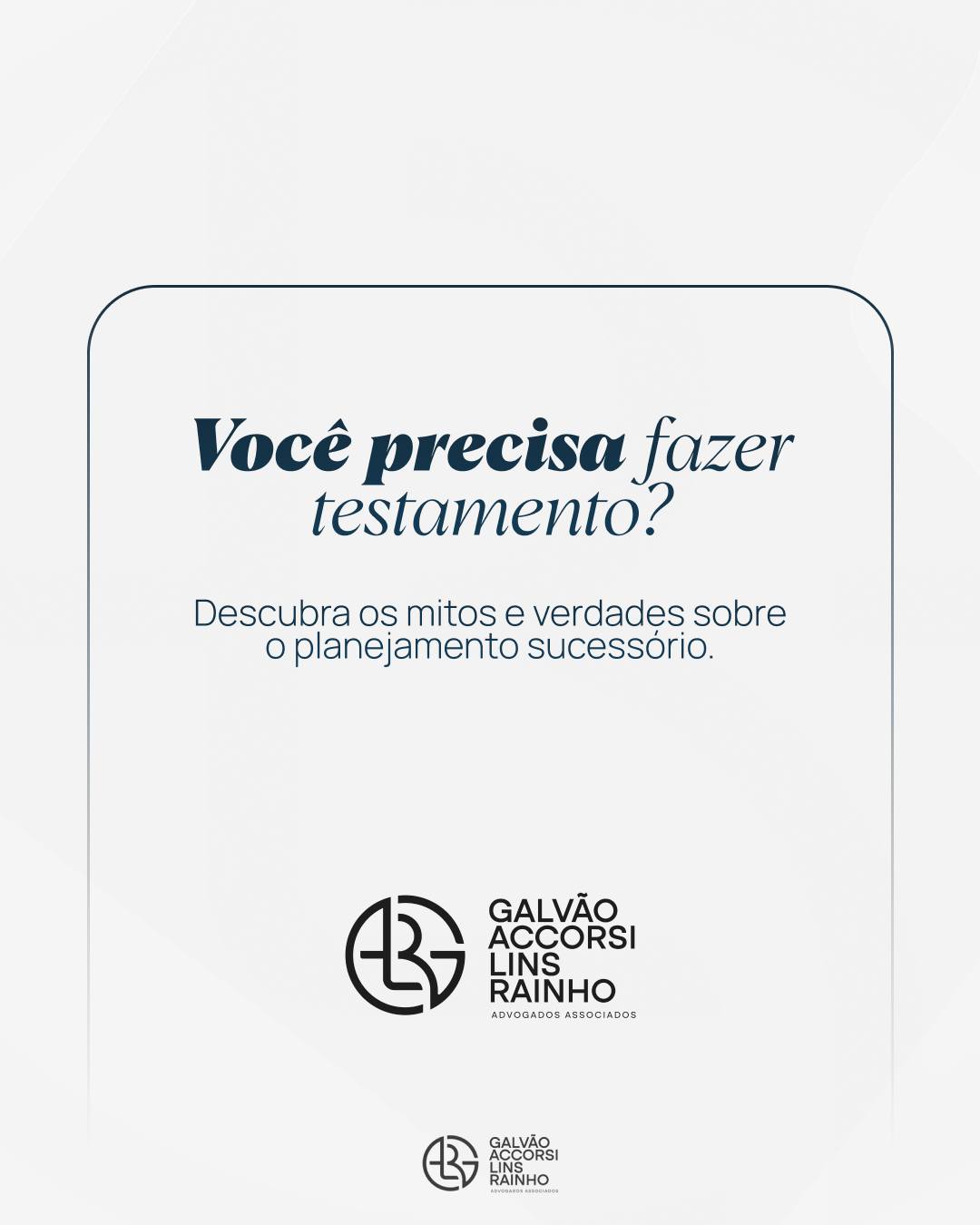 Você já pensou em fazer um testamento? Planejar a sucessão é um gesto de responsabilidade e afeto com quem você ama. Neste carrossel, desvendamos mitos e verdades sobre o testamento, e mostramos por que ele é importante, mesmo para quem tem poucos bens.
#Testamento #DireitoDasSucessões #PlanejamentoSucessório #Herdeiros #GALRAdvogados