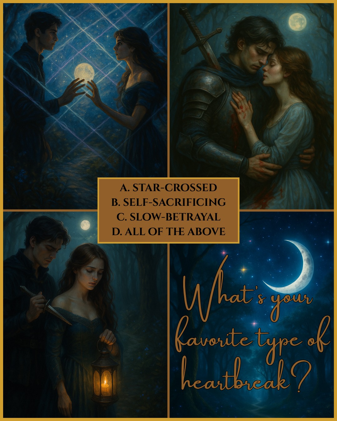 ✨ Some people collect rocks. I collect emotional damage. 💔
Which flavor of heartbreak wrecks you just right?
A. Star-crossed
B. Self-sacrificing
C. Slow-betrayal
D. All of the above
Drop your letter in the comments and tag a fellow heartache addict.
#HeartbreakTropes #FantasyRomance #DarkRomantasy #BookishHeartbreak #IGReads #HealingElixirsAndWickedCrows #WritersOfInstagram #BookstagramMagic