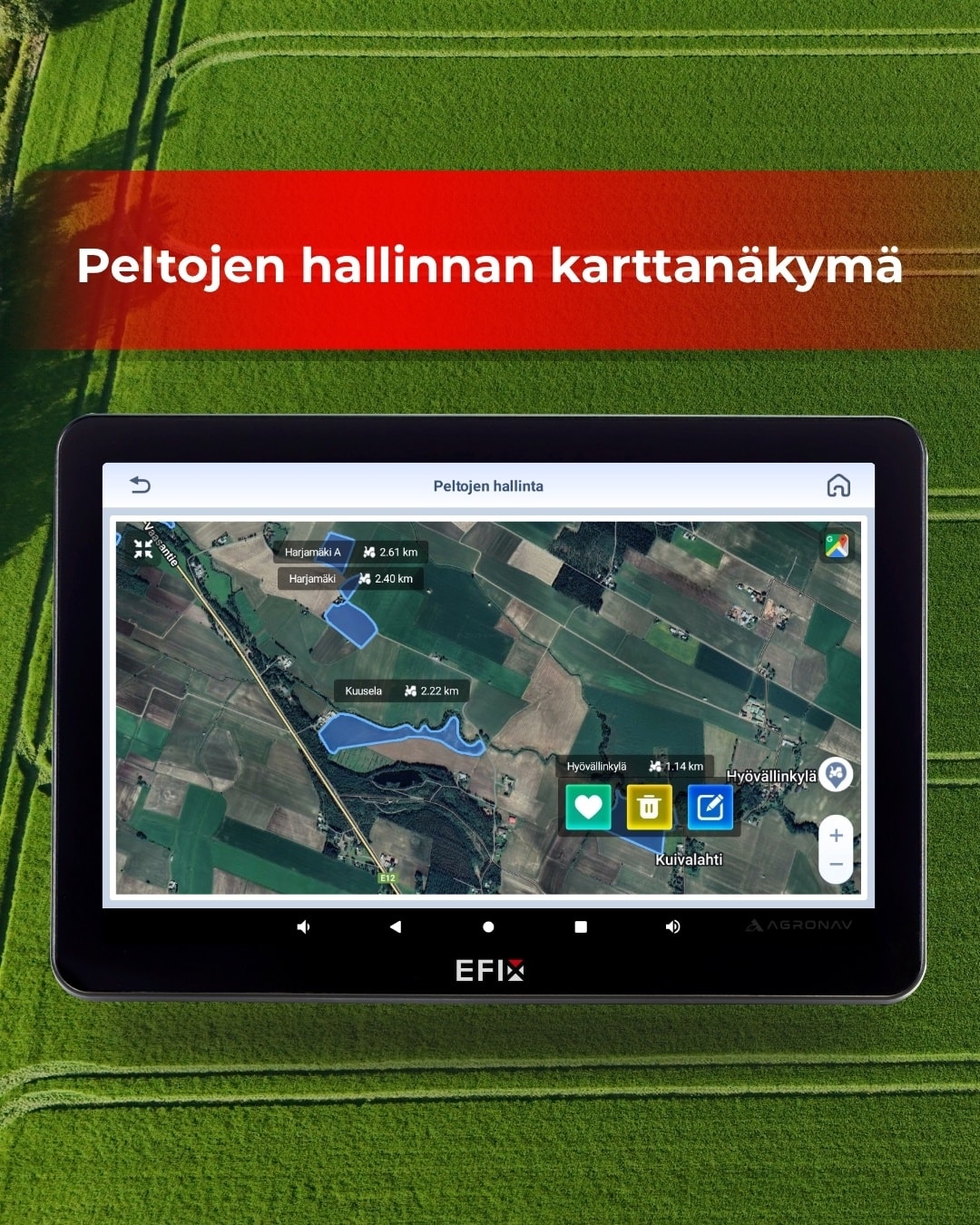 🚜 EFIX ESNAV 5 päivittyi!
Uusin ohjelmistopäivitys ESNAV 5.2.0 tuo joukon toivottuja ominaisuuksia, jotka parantavat käytettävyyttä ja sujuvoittavat työskentelyä.
Olemme mukana kehitystyössä ja testanneet ohjelmiston huolellisesti käytännön töissä – päivitys on vakaa ja valmis käyttöön. Myös suomenkielinen käännös on hiottu entistä selkeämmäksi.
📍 1. Peltonäkymä suoraan kartalta + automaattinen tunnistus
Pellon valinta käy nyt yhdellä napautuksella kartalta. Lisäksi järjestelmä tunnistaa pellon automaattisesti, kun saavut sen reunaan – nopeampaa ja vähemmän virheitä.
🧭 2. Ajolinjojen luonti pellon rajasta – nyt mukana etäisyysnäyttö
Ajolinjan kohdistus helpottui merkittävästi: järjestelmä näyttää etäisyyden pellon kauimmaiseen rajapisteeseen. Lopputuloksena parempi tarkkuus ja vähemmän ajamattomia raitoja.
🧑🌾 3. Virtuaalinen opastus ruiskun lohkojen hallintaan
Visuaalinen ja selkeä ohjeistus ruiskutuksen lohkoille. Toiminto tukee tarkkaa lohkojen hallintaa ja auttaa välttämään päällekkäisyyksiä tai unohduksia.
🖥️ 4. Uusi ISOBUS-näkymä
Käyttöliittymää on selkeytetty ja hiottu – ISOBUS-näkymä on nyt entistä helpompi lukea ja käyttää eri työtilanteissa.
🗺️ 5. Pellon rajojen muokkaus jälkikäteen
Pellon rajoja voi nyt muokata myös työn jälkeen – rajapisteitä voi siirtää tai poistaa, ja koko pellon sijaintiakin voi säätää tarvittaessa.
🔄 Päivitys on ladattavissa nyt suoraan laitteestasi verkon välityksellä ilmaiseksi. Päivitysohjeet on lähetetty asiakkaille, jos jostain syystä et ole tätä saanut olethan yhteydessä meihin.
#efixag #automaattiohjaus #agronav #täsmäviljely