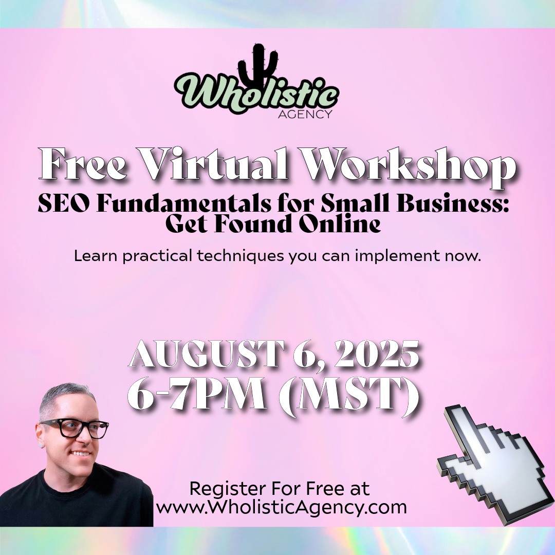 Join me for SEO Fundamentals for Small Business workshop on August 6th! 🦄 Learn practical SEO strategies that actually work, get a comprehensive SEO checklist + receive a Free SEO analysis (valued at $200)! This interactive workshop will transform how you approach online visibility. Register now at www.wholisticagency.com! #SEOWorkshop #SmallBusinessEducation #BusinessWorkshop #DigitalMarketing #SEO