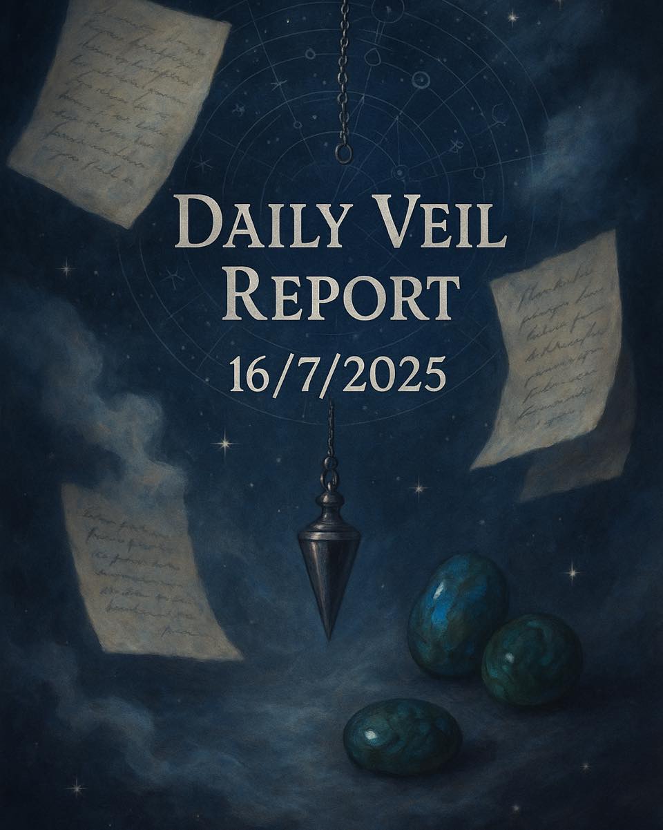 🕯️ The Daily Veil Report
July 16, 2025
🌫️ Veil Condition:
Still and observant. The threads of time slow down today, inviting reflection over action. The veil hangs steady, offering a rare window to see without interference — but only if you pause long enough to look.
🪶 Message from Beyond:
“Look where you’ve been to understand where you’re going.”
Today whispers: do not rush.
It’s a powerful time to sit with your path — not to sprint ahead, but to calmly witness your progress. Journaling is especially favored now. Review your goals. Name your victories. Acknowledge what has stood in your way — be it internal or external — and recognize what patterns have helped or hindered you. This self-witnessing is not indulgence… it’s preparation.
With Mercury about to turn retrograde, this is your final moment to consciously prepare your mind, your plans, your systems. Let stillness be your strength.
🌒 Spiritual Suggestions:
• 🖋️ Journal Prompt: “What patterns have helped me evolve? What am I ready to release?”
• 🪞 Mirror-gazing tonight can reveal overlooked truths. Light a single candle and ask to see “what I’m not seeing.”
• ✴️ Work with Blue Kyanite or Smoky Quartz for clarity and mental grounding.
• 🔮 Pendulum Tip: Ask yes/no questions about actions you’re considering before Mercury retrograde. Trust your guide’s subtle direction. #SpiritualAwakening #SpiritualCircle #SpiritualAwareness #soulguidance #EnergeticForecast