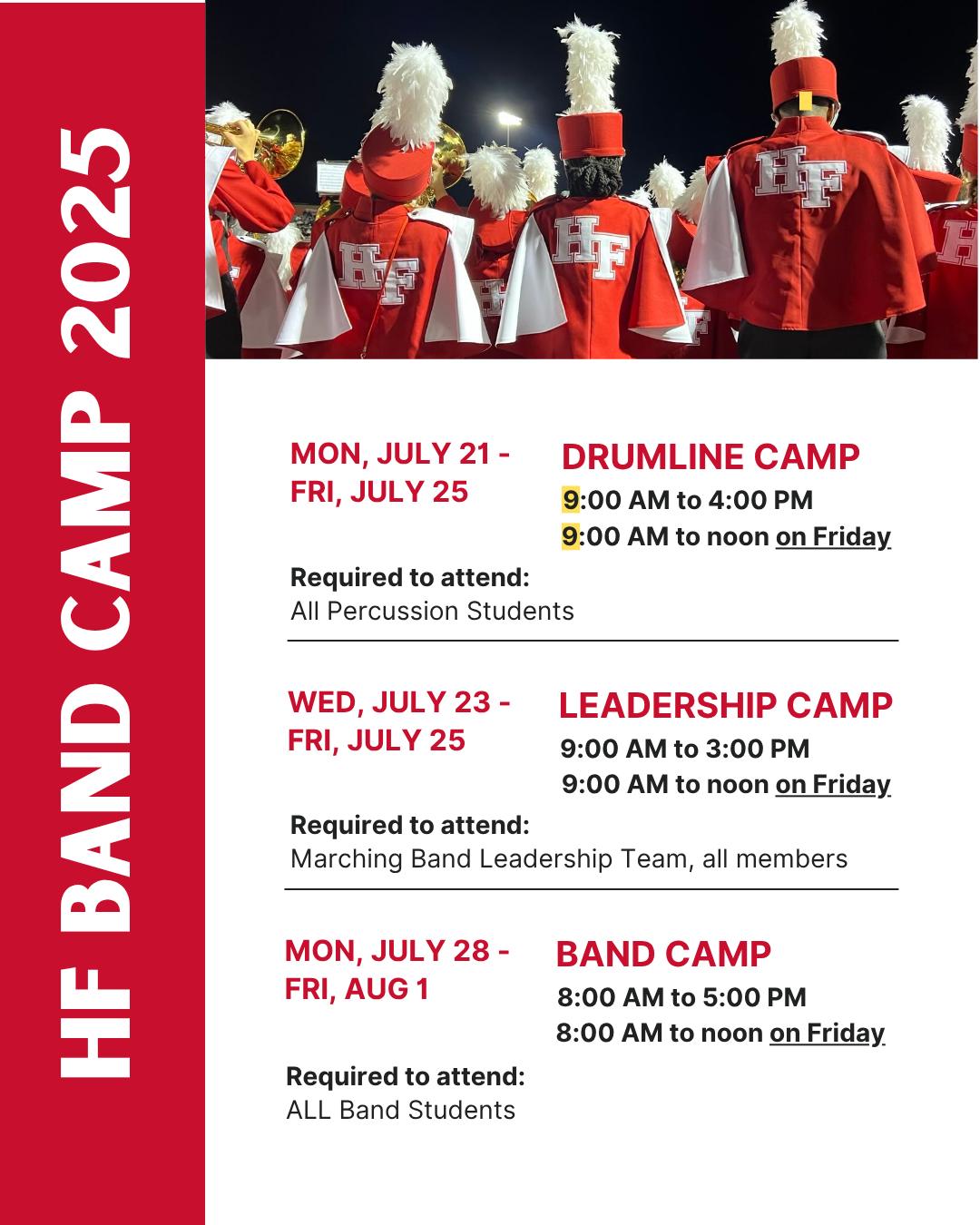 🥁 Hey drumline, you ready for camp? Percussion students start Drumline Camp bright and early Monday morning, July 21.
‼️Update for Drumline Camp‼️ The rest of the week will start at 9:00 am. Please help spread the word!
👑 Leadership Camp kicks off on Wednesday, July 23 at 9:00 am. Everyone on the Marching Band Leadership team is required to attend.
🎶 Full Band Camp starts Monday, July 28. ALL 2025-2026 Band Students are required to attend. Camp runs from 8:00 am to 5:00 pm.
All Fridays are noon releases.
_____
Students, plan to arrive early! If there's an 8am start, that means you're in the band room and ready to play at 8am, not just pulling up. In the old Whitlock adage, "On time is late and late is running."
You should bring a lunch from home every day except Fridays, when you’re done at noon. You’ll also want to dress for the weather — band camp can get HOT, so dress wisely. Wear cool athletic clothing you can move comfortably in and comfortable shoes for marching (NO crocs). Also essential: bring lots of water and sunscreen.
Also, don't forget the obvious: bring your instruments, any necessary supplies (reeds, mallets and sticks, etc.), and all of your music.
_____
We look forward to seeing all of you and working hard to prepare for the upcoming marching season!
🗣 Returning band students: any advice you'd offer to incoming Freshmen? Leave it in the comments!
#HFMarchingVikings #HFVikingBands