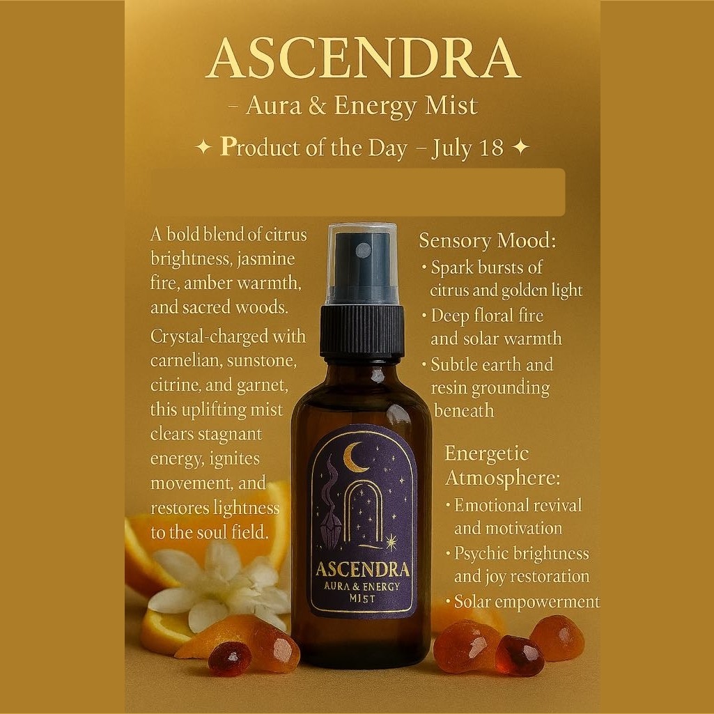 ASCENDRA
Mood Uplifting Aura Mist ☀️✨
—
For the days that ask you to rise.
To shed the weight.
To walk with sunlight in your field.
Crafted with citrus brilliance, jasmine fire, sacred woods, and the warmth of amber, Ascendra is an energetic elevation in a bottle—crystal-charged with carnelian, sunstone, citrine, and garnet.
Let it spark clarity.
Let it ignite motion.
Let your aura remember how to glow.
🌿 Sensory Mood:
Citrus bursts • Solar floral fire • Resinous grounding
🌞 Energetic Atmosphere:
Motivation • Joy restoration • Solar empowerment
#AscendraMist
#AuraLift
#EnergeticAlchemy
#TheCelestialGate
#CrystalInfused
#VibrationalBeauty
#SunstoneSpirit
#CitrineGlow
#SacredScents
#DailyVeil
#SpiritualUplift
#FragranceOfLight
#RitualAromatherapy
#MysticMist
#EnergeticEmpowerment