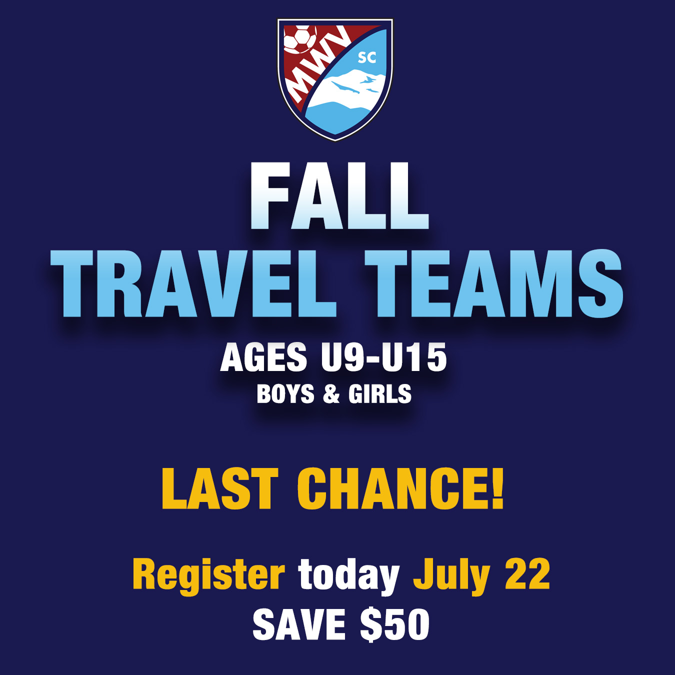 #mwvsc Prices increase $50 tomorrow - register now and save! ⚽️⚽️⏰⌛️⚽️⚽️
https://www.mwvsoccer.com/fall-academy