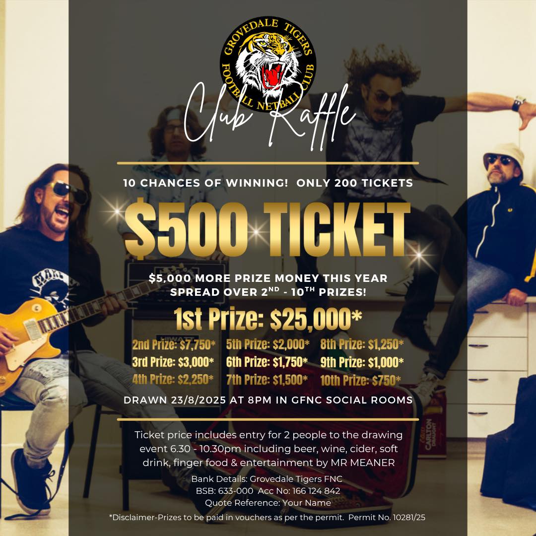 2025 CLUB RAFFLE - It’s back & bigger than ever!
Tickets are now available for our 2025 Club Raffle. With an extra $5K added to the prize pool this year, don't miss out on your chance to win big 💰
This is our major fundraiser for 2025 with all proceeds benefiting the club 🫶. Help support our club and enjoy a fun night with a chance to win big!