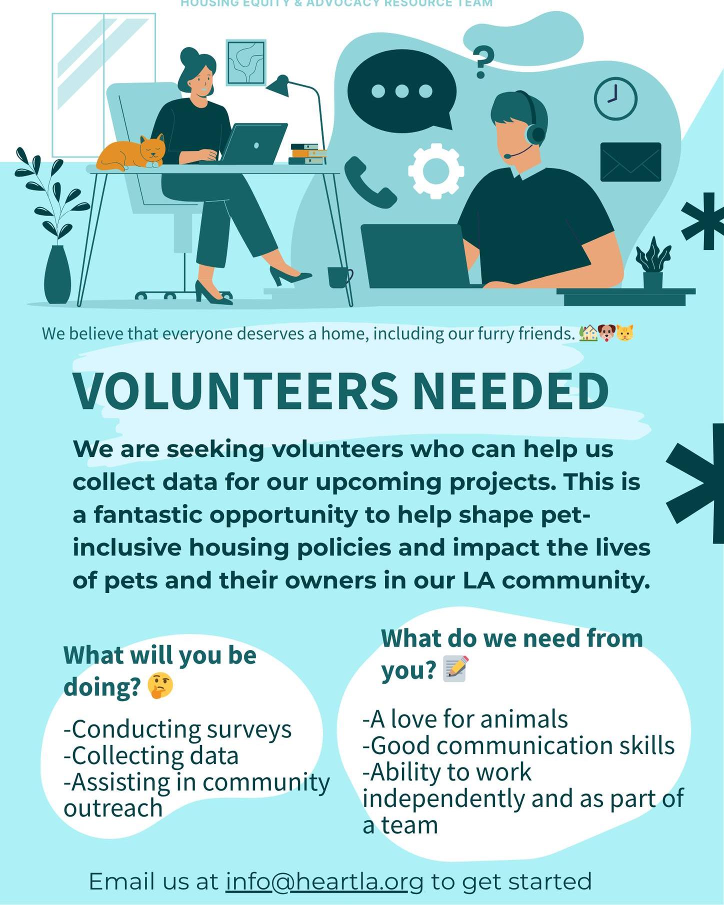 š¾ CALLING ALL ANIMAL LOVERS! š¾
Hey there, friends! We have an open data collection volunteer opportunity. In return, you'll gain valuable experience, meet like-minded people, and most importantly, help us make Los Angeles a more pet-friendly place to live. š¾š
If you're interested or know someone who might be, please get in touch with us. Let's work together to make a difference for our four-legged friends and their families.
We can't wait to welcome you to our team! š¾š