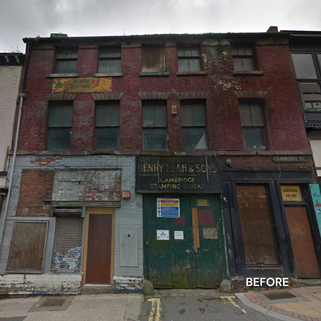 Check out this before and after 😮💨
The difference between Leah's Yard before we started work on Heart of the City to now is stark.
The Grade II* listed building was first constructed in the early 19th century, and after decades of falling into disrepair is now a collection of independent businesses, artists and creators.