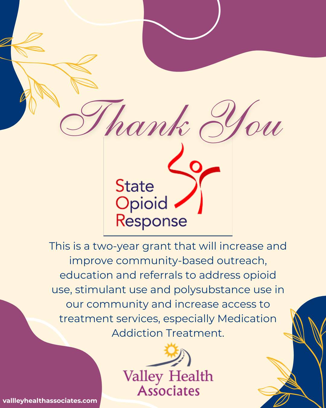 Valley Health Associates is thankful to have received a grant from the State Opioid Response 4 Opioid Use Disorders and Stimulant Use Disorders and Education for Communities of Color. This is a two-year grant that will increase and improve community-based outreach, education and referrals to address opioid use, stimulant use and polysubstance use in our community and increase access to treatment services, especially Medication Addiction Treatment.
#ValleyHealthAssociates #VHA #StateOpioidResponse #Community
