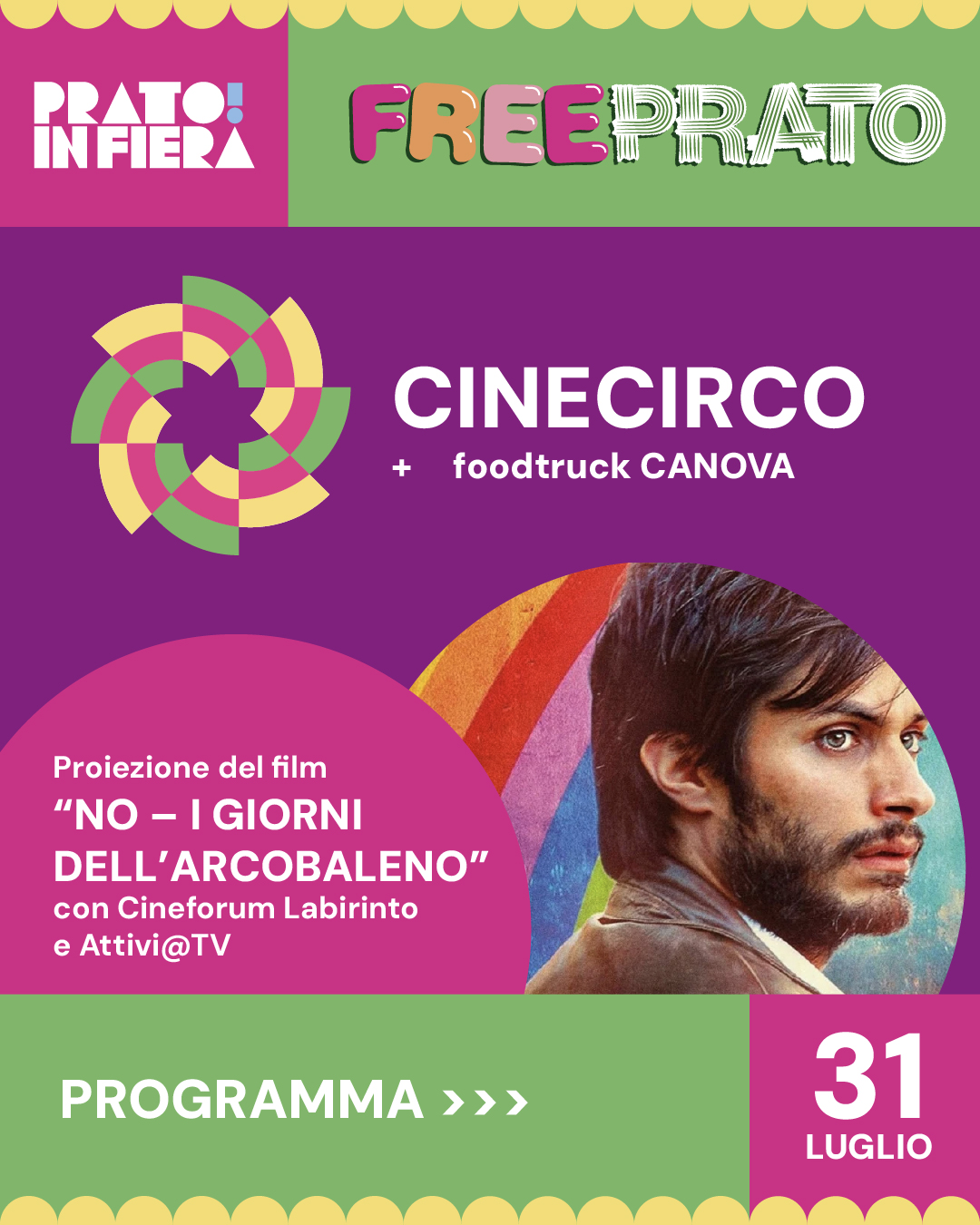 🎬 Giovedì 31 luglio, alle 21.15, torna il cinema all’aperto a Prato in Fiera con 𝙉𝙤 – 𝙄 𝙜𝙞𝙤𝙧𝙣𝙞 𝙙𝙚𝙡𝙡’𝙖𝙧𝙘𝙤𝙗𝙖𝙡𝙚𝙣𝙤 di Pablo Larraìn, in collaborazione con @cineforumlabirintotv e @gra_granderaccordoambientale
Un film intenso che racconta la campagna per il referendum cileno del 1988 con protagonista Gael García Bernal. Un inno alla libertà, alla creatività e alla forza del cambiamento.
Dalle 19.00: food truck di @osteriacanova
Alle 20.00: Lo urlerei al mondo! Attivismo e comunicazione oggi - introduzione al film di @attivi.tv con @legambientetreviso, @comitatocontrolaguerratreviso Prato in Fiera APS, @nonunadimenotreviso
Prenota il tuo posto al link in bio!
🎟️ Partecipazione gratuita, con offerta responsabile.
💚 Il tuo contributo consapevole aiuta a far crescere questo progetto.
🚲 Se puoi, raggiungi il prato a piedi o in bicicletta.
#PratoinFiera #Freeprato #cineforumlabirinto