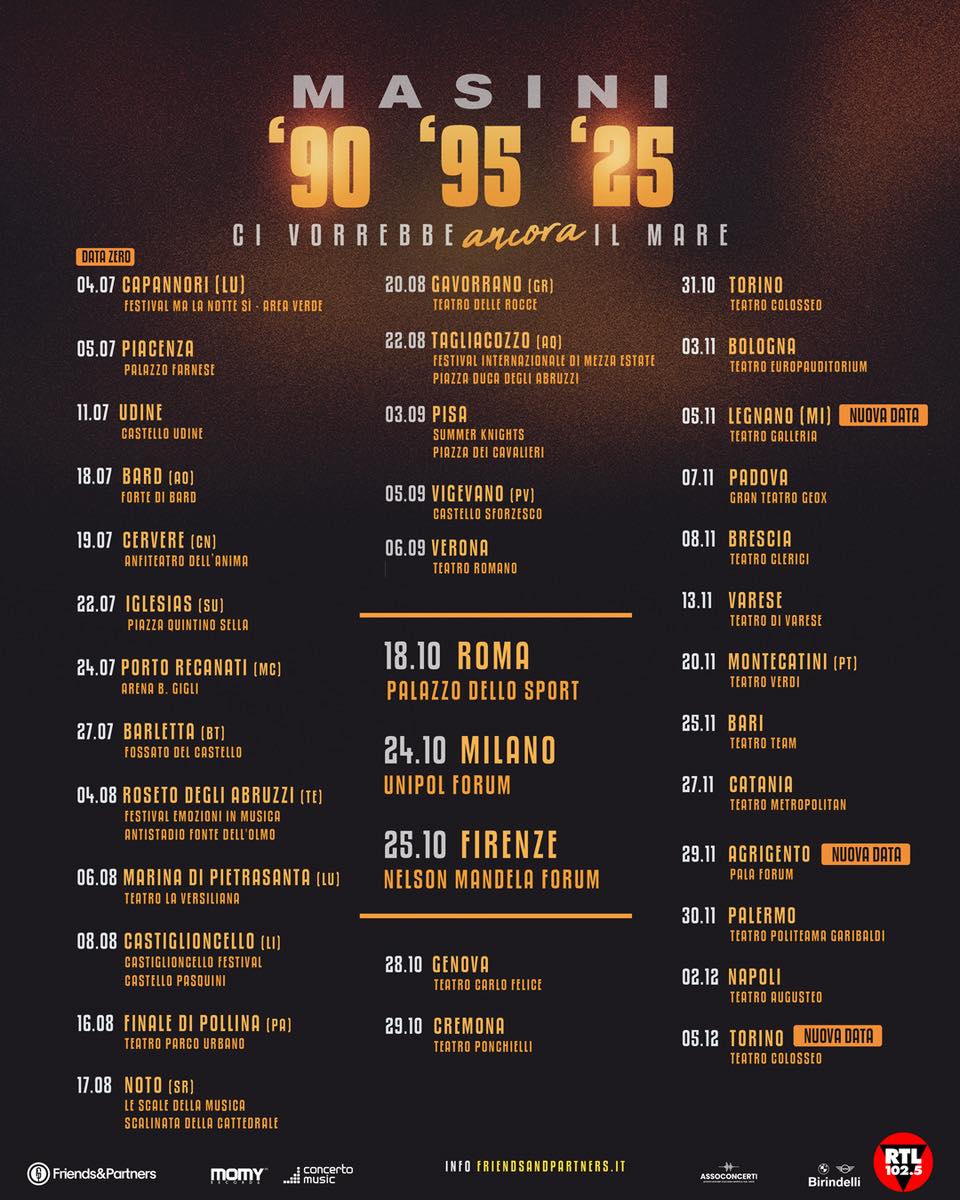 Come sapete, dopo l’estate con il “Ci vorrebbe ancora il mare tour” ci ritroveremo anche nei teatri e nei palasport!
E oggi sono felice di annunciarvi tre nuove date della tournée autunnale:
📍 5 novembre – Teatro Galleria, LEGNANO (MI)
📍 29 novembre – Pala Forum, AGRIGENTO
📍 5 dicembre – Teatro Colosseo, TORINO
🎟️ Biglietti per Legnano fuori ora!
🎟️ Biglietti per Agrigento e Torino disponibili dalle ore 18:00 di oggi
Non vedo l’ora di rivedervi anche in questa nuova parte del viaggio.
Vi aspetto!
#MarcoMasini #CiVorrebbeAncoraIlMare
@friendsandpartners @momyrecords @concerto.official @rtl1025 @birindelliauto