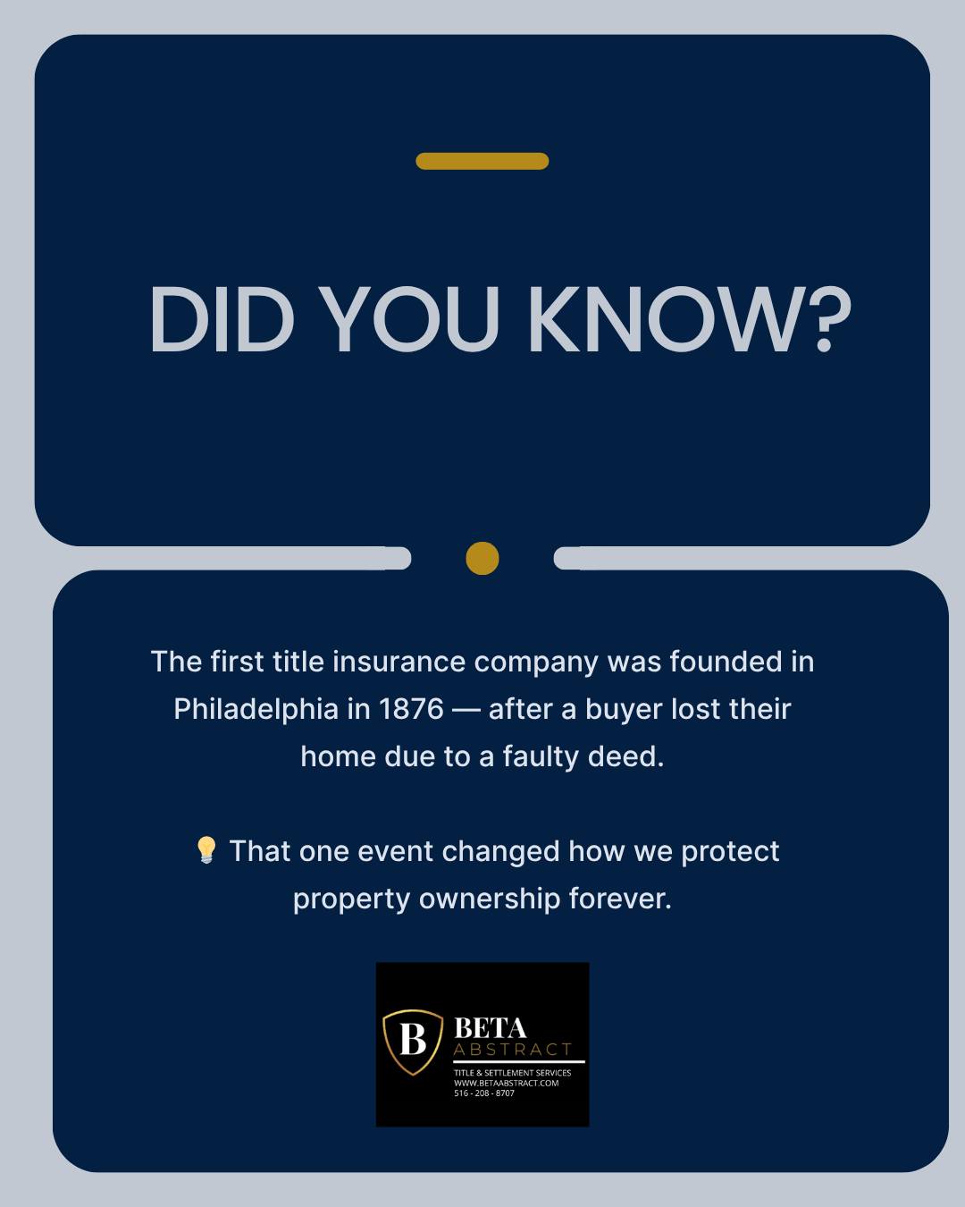 📜 Did You Know?
The entire title insurance industry started because of one costly mistake. In 1876, a buyer in Philadelphia lost their home due to a faulty deed — and the very first title insurance company was born. 🏛️
That single event shaped how we protect property ownership today.
At Beta Abstract, we carry that legacy forward — ensuring every deal closes with confidence.
#DidYouKnow #TitleInsurance #RealEstateHistory #TitleMatters #RealEstateLaw #ClosingDay #TitleProtection #Homeownership #NYRealEstate #NJRealEstate #RealEstateFacts #PropertyProtection #BetaAbstract