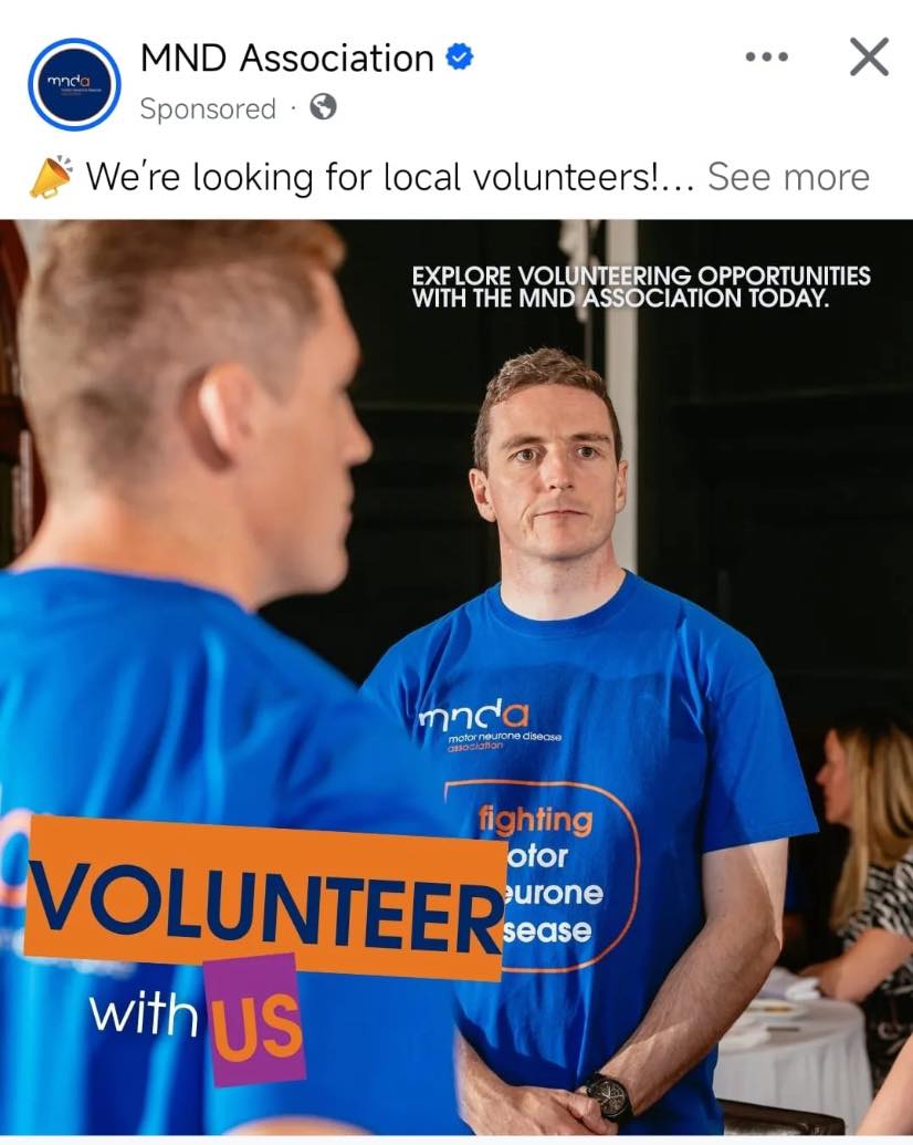 Proud of our branch members spotted on the national MND association posts!! ๐
We are always looking for volunteers to support the our local branch as well as the wider MND association. Get in touch if you would like to volunteer locally or check out the link below for wider opportunities!
https://www.mndassociation.org/get-involved/volunteering?fbclid=IwQ0xDSwLwT0BleHRuA2FlbQIxMQABHkvBUuWt5ujQGF__P4-cspP1DYN4Pn5Be2sX10h330DEKw8vyl1tcWM1n-Sn_aem_7RaVPzVaGc9W9jeJbgyCHA