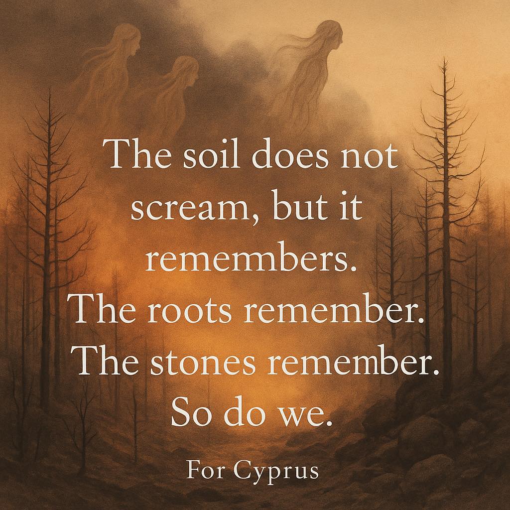 The land remembers. So do we. 🌿🔥
For Cyprus.
#CyprusFires #ForCyprus #ForestSpirits #AshesAndRoots #WeRemember #NatureGrieves #SacredLand #CyprusHealing #EarthCries #FromAshesWeRise
