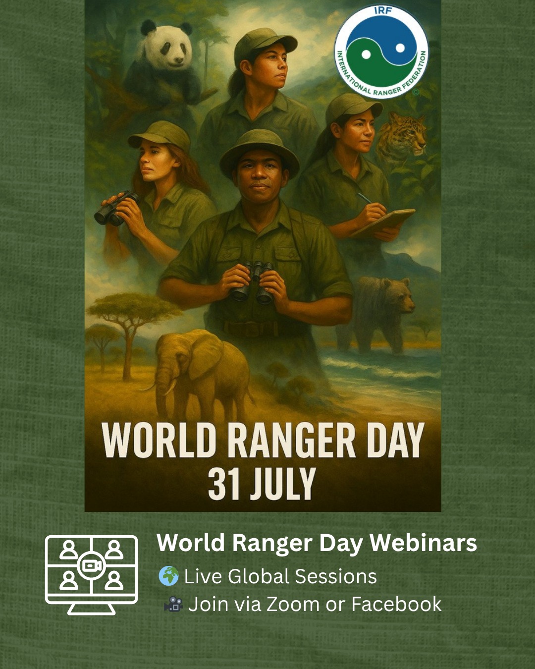 🎥 Want to hear from rangers around the world?
Set aside some time on 31 July to tune into the global webinars celebrating World Ranger Day 2025 🌍💚
Hosted by the International Ranger Federation and partners like IUCN and the Universal Ranger Support Alliance, these sessions spotlight ranger voices, big ideas, and shared challenges — from climate resilience to equity and recognition.
🗓️ World Ranger Day – 31 July
🌐 Two live webinars to join (or watch later):
🔹 Rangers – Powering Transformative Conservation
🕥 10:30am–12:00pm AEST
🌏 A global session with insights from Asia, Africa, the Americas and Oceania
🔹 Celebrating Women Rangers
🕗 8:30am AEST
👣 An inspiring panel by the IRF Female Rangers Working Group, sharing leadership stories from the frontlines
💬 No registration needed – both events will stream live via Facebook and Zoom. Check the IRF website or ask your rep for links.
Even if you can’t stay long, drop in and feel the strength of the global ranger community 💪
#WorldRangerDay2025 #IRF #WomenRangers #GlobalSolidarity #RangersDeserveMore #OceaniaRangers #ThinGreenLine