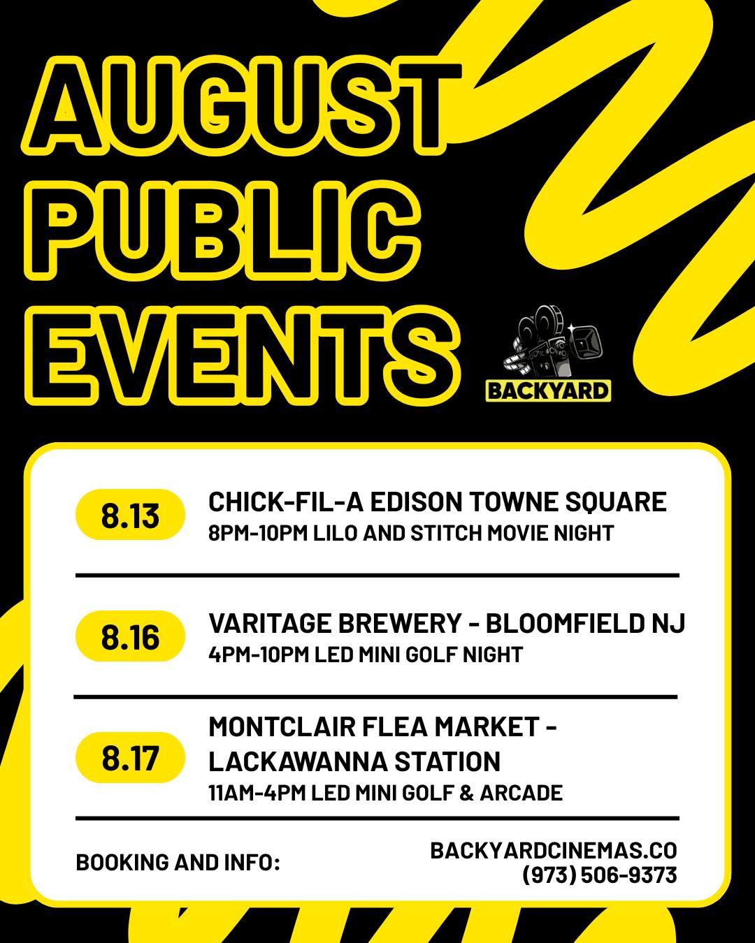 📆 We’ve got some awesome public events lined up this August - and you’re invited!
🎬 8/13: Movie Night at Chick-fil-A Edison, NJ - Lilo & Stitch under the stars
⛳ 8/16: LED Mini Golf Night at Varitage Brewery in Bloomfield, NJ
🎮 8/17: Mini Golf + Arcade at Montclair Flea Market at Lackawanna Station, NJ
No booking needed, just pull up and join the fun!
#BackyardCinemas #NJEvents #MiniGolfNight #MovieNightVibes #FamilyFun #MontclairEvents #BloomfieldNJ #EdisonNJ
