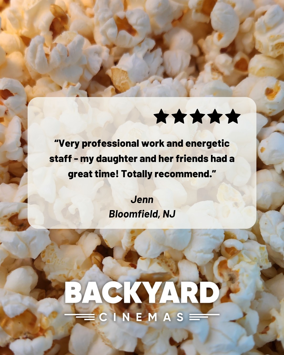 ⭐️⭐️⭐️⭐️⭐️ Professional setup, energetic staff, and a night her daughter won’t forget - thanks for the awesome review, Jenn! Whether it’s a birthday, block party, or just because… we bring the fun to your backyard!
#BackyardCinemas #TestimonialTuesday #NJEvents #OutdoorMovieNight #MiniGolfParty #FamilyFun #BloomfieldNJ