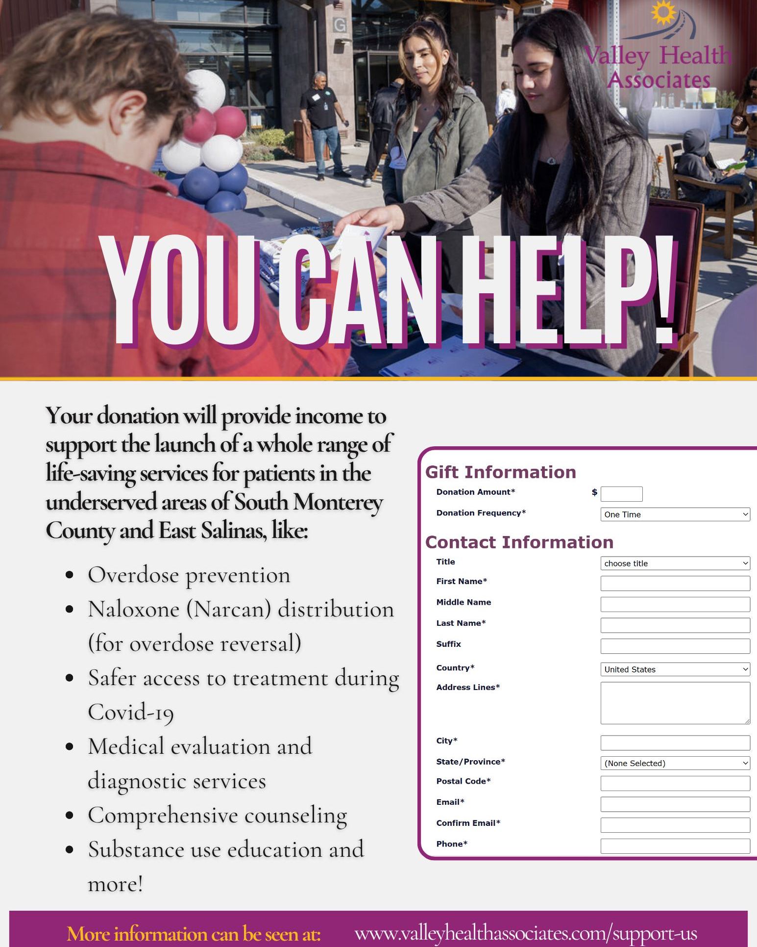 You can help!🌟
Your donation can make a life-saving difference for communities in South Monterey County and East Salinas.
Support services like overdose prevention, Narcan distribution, COVID-19 treatment access, medical & diagnostic care, counseling & substance use education
Donate today by clicking the link in the bio💜
#ValleyHealthAssociates #VHA #CommunityCare #DonateToday #SubstanceUseSupport
