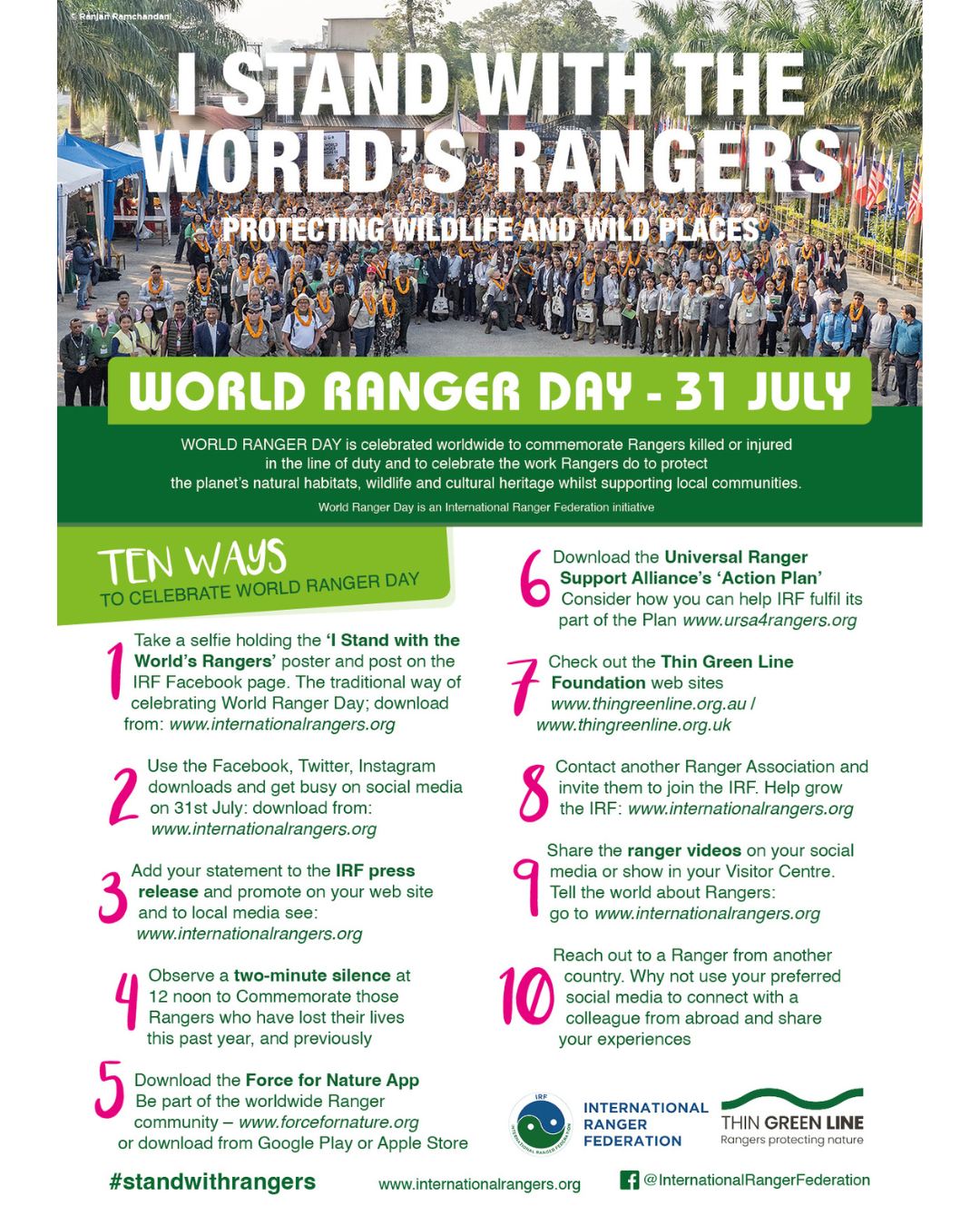 🧰 Need something for World Ranger Day but short on time?
The IRF Toolkit is ready to go — and it’s packed with resources designed to help you mark the day your way 🌿
What’s inside?
✅ Posters and editable templates
✅ The 2025 Roll of Honour
✅ Short videos and IG frames
✅ Quiz & story prompts
✅ Templates for ranger associations and teams
Whether you're working solo or as a team, the toolkit makes it easy to speak up, share pride and honour the rangers we’ve lost.
🌍 Download it here:
https://www.internationalrangers.org/world-ranger-day-2025/
#WorldRangerDay #WRD2025 #OceaniaRangers #RangersDeserveMore #IRF #ThinGreenLine