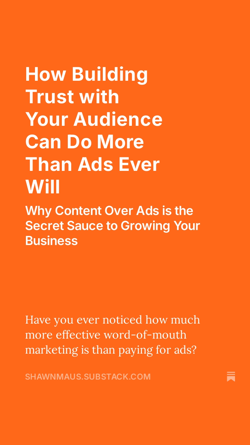 Why Content Over Ads is the Secret Sauce to Growing Your Business 🚀
Have you ever wondered how you can grow your business without relying on expensive ads? The answer is simple: Build trust with your audience!
In my latest Substack post, I share how creating valuable, free content not only builds trust but also encourages your audience to market for you. Forget constantly changing Meta algorithms—this is the power of content marketing.
Check out the full post here ➡️ http://bit.ly/45c4M4e
#ContentMarketing #BusinessGrowth #TrustBuilding #DigitalMarketing #Substack #AudienceEngagement #ContentCreation #SmallBusinessTips #MightyMausMedia