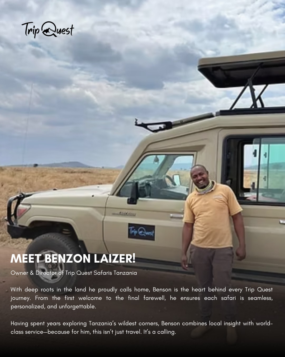Have a question about safari life in Tanzania? Drop it below—Benson just might answer it himself! 👇
#MeetTheTeam #TripQuestSafaris #TanzaniaUncovered #SafariWithHeart