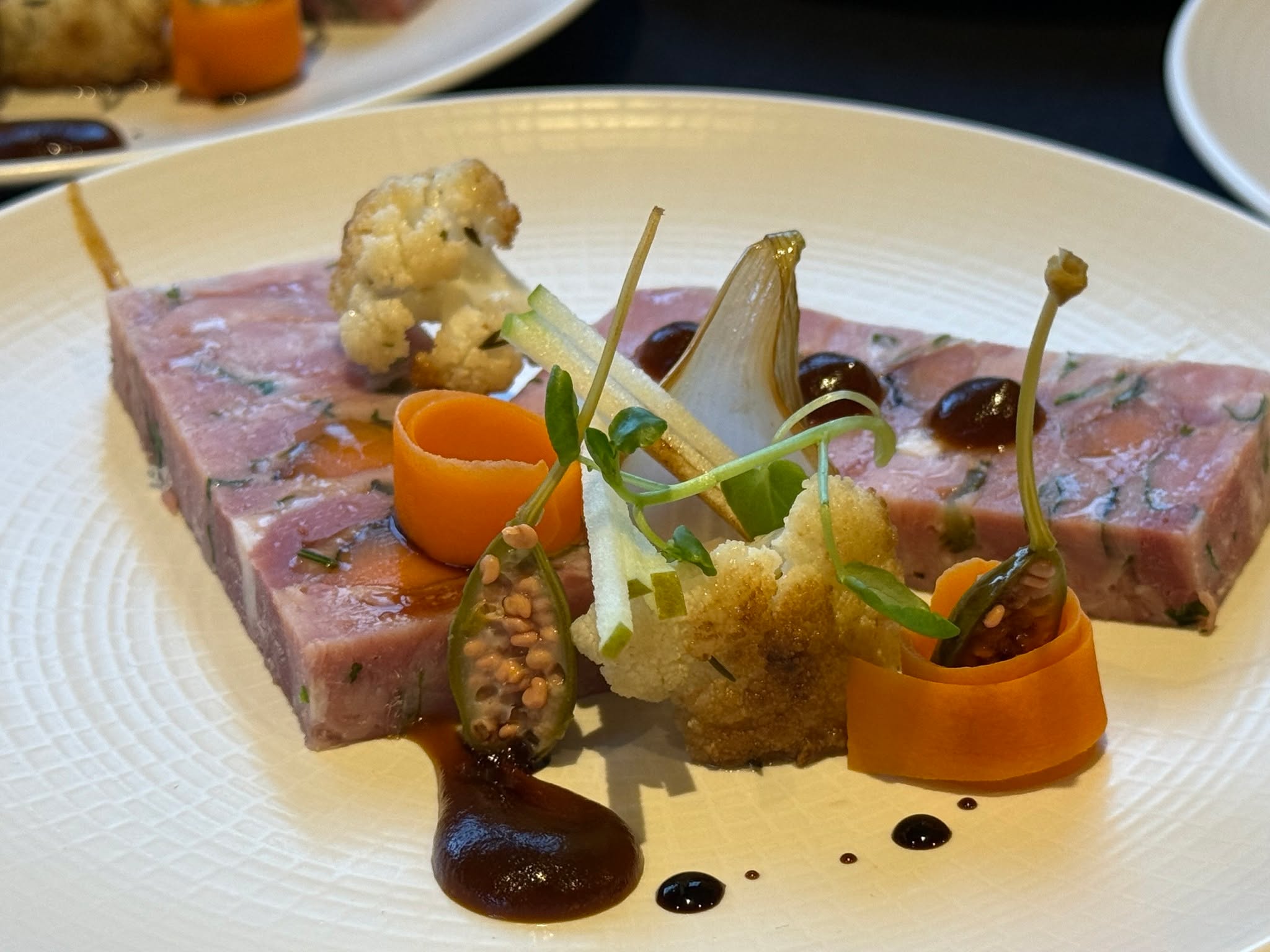 Terrines are a labour of love but when you add the garnishes and final touches it makes it all worth while, more so hearing the "ooo's" and "ahhhhhh's" when the service team place them infront of guests.
From a kitchen point of view theres nothing more satisfying then hearing a bustly table drop to silence when they start eating the dishes - you know you've done a good job!
#oxfordshire #privatechef #finedining #party #luxury #summer #dinner #wedding #buffet #barbecue #inhomedining #seasonalproduce #reading #caterer