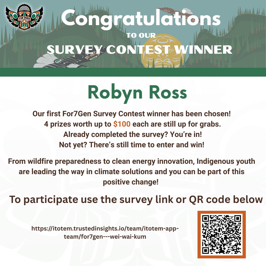 🎉 We Have a Winner! 🎉
Congratulations to Robyn Ross, the first prize winner in our For7Gen Survey Contest — exclusively for members of the Wei Wai Kum Nation! 🥳
Robyn has won $100 for sharing her voice on wildfire preparedness, climate action, and clean energy. 🌿🔥
✅ If you’ve already completed the survey — you’re automatically entered!
🚨 If not, there’s still time to join in. Four more $100 prizes are up for grabs!This contest is open only to Wei Wai Kum Nation members.
🔗 Use the link or scan the QR code to participate:
👉 https://itotem.trustedinsights.io/team/itotem-app-team/for7gen---wei-wai-kum
#For7Gen #WeiWaiKum #YouthVoices #ClimateLeadership #WildfirePreparedness #CleanEnergy #IndigenousYouth #SurveyContest #Congratulations