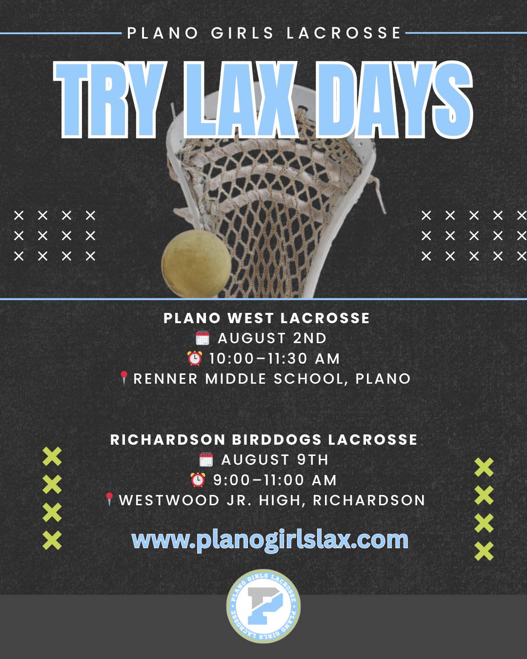 🩵🥍 TRY LACROSSE Days 🥍🩵
Excited to partner with Plano West Lacrosse and Birddogs Lacrosse for #TryLAX days!
Come meet and learn from some of NTX’s best!🥍 All levels welcome! Bring your water, bring a friend, and get ready for big fun! 🩵🥍
🗓️ August 2nd with Plano West Lacrosse
📍 Renner Middle School
⏰ 10:00–11:30 AM
🗓️ August 9th with Richardson Birddogs Lacrosse
📍 Westwood Jr. High, Richardson
⏰ 9:00–11:00 AM
