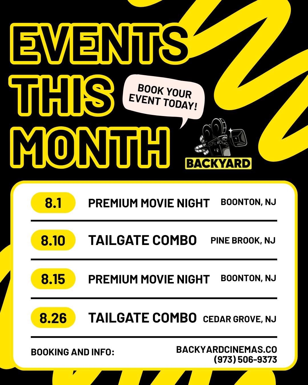 🎬 August is packed with backyard movie nights! From premium outings to tailgate combos, we’re pulling up across NJ with screens, snacks, and vibes. Catch us in Boonton, Pine Brook, and Cedar Grove in the next few weeks!
Stay tuned for our August Public Events announcement later this week featuring our new LED mini golf! ⛳️
📍Tag your crew and book your event before we fill up!
#BackyardCinemas #OutdoorMovieNight #TailgateParty #NJEvents #MovieNightVibes #AugustEvents