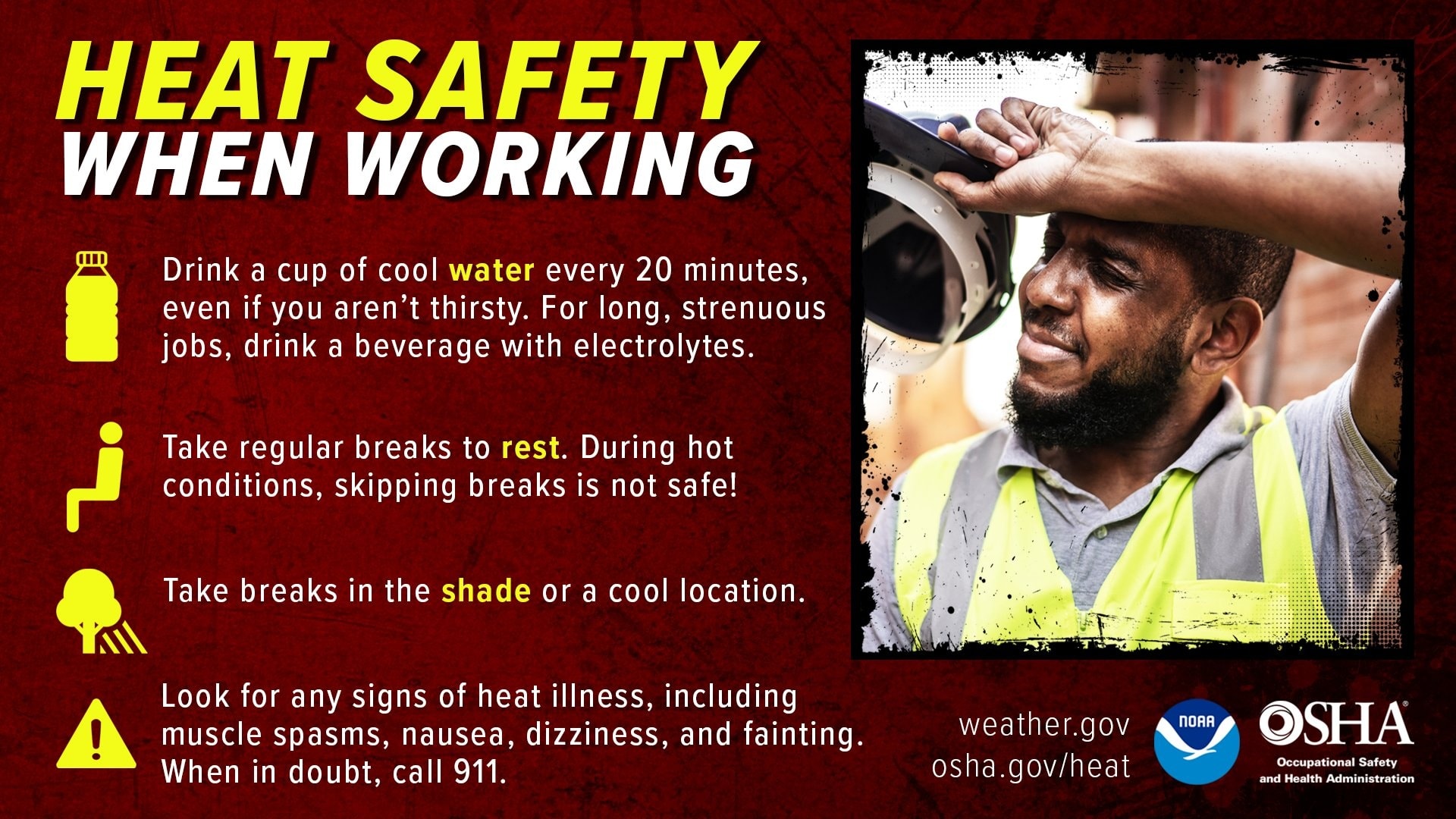 We want to echo the words of the National Weather Service office in Nashville.
To all the hardworking folks out there braving the heat: Your safety matters! ❤️ Protect yourself from heat illness by staying hydrated, taking breaks in the shade, and knowing the warning signs of heat illness. #TNwx #MiddleTNwx