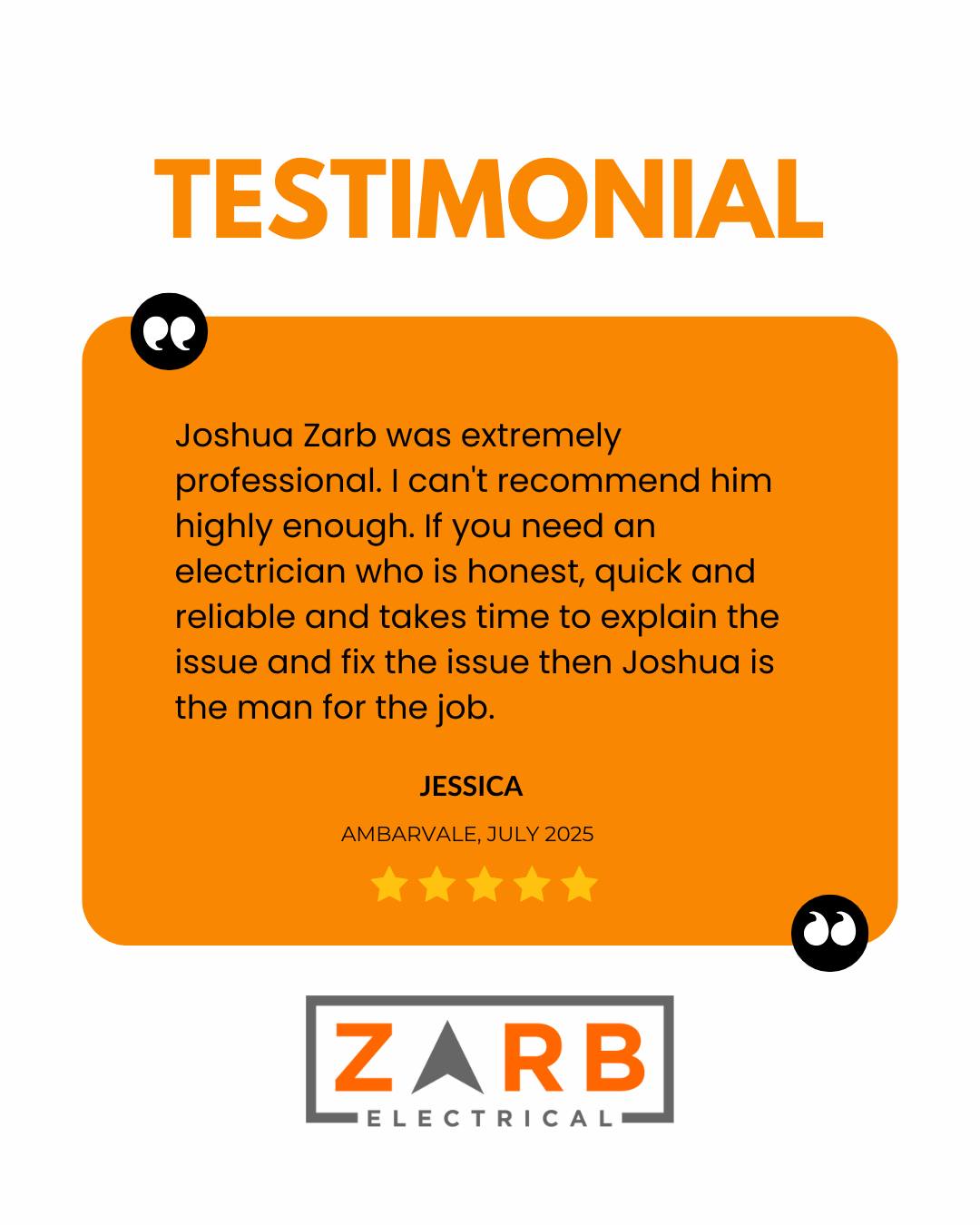 🎉 Ripper Review Alert! 🎉
A huge thank you to Jessica for your kind words and support! 💬
It means so much to hear feedback like this — we’re proud to offer honest, reliable service and take the time to get things done right.
If you're looking for an electrician you can count on, contact us today! ⚡
☎️ 4610 0185
🖥️ www.zarbelec.com.au/request-a-quote