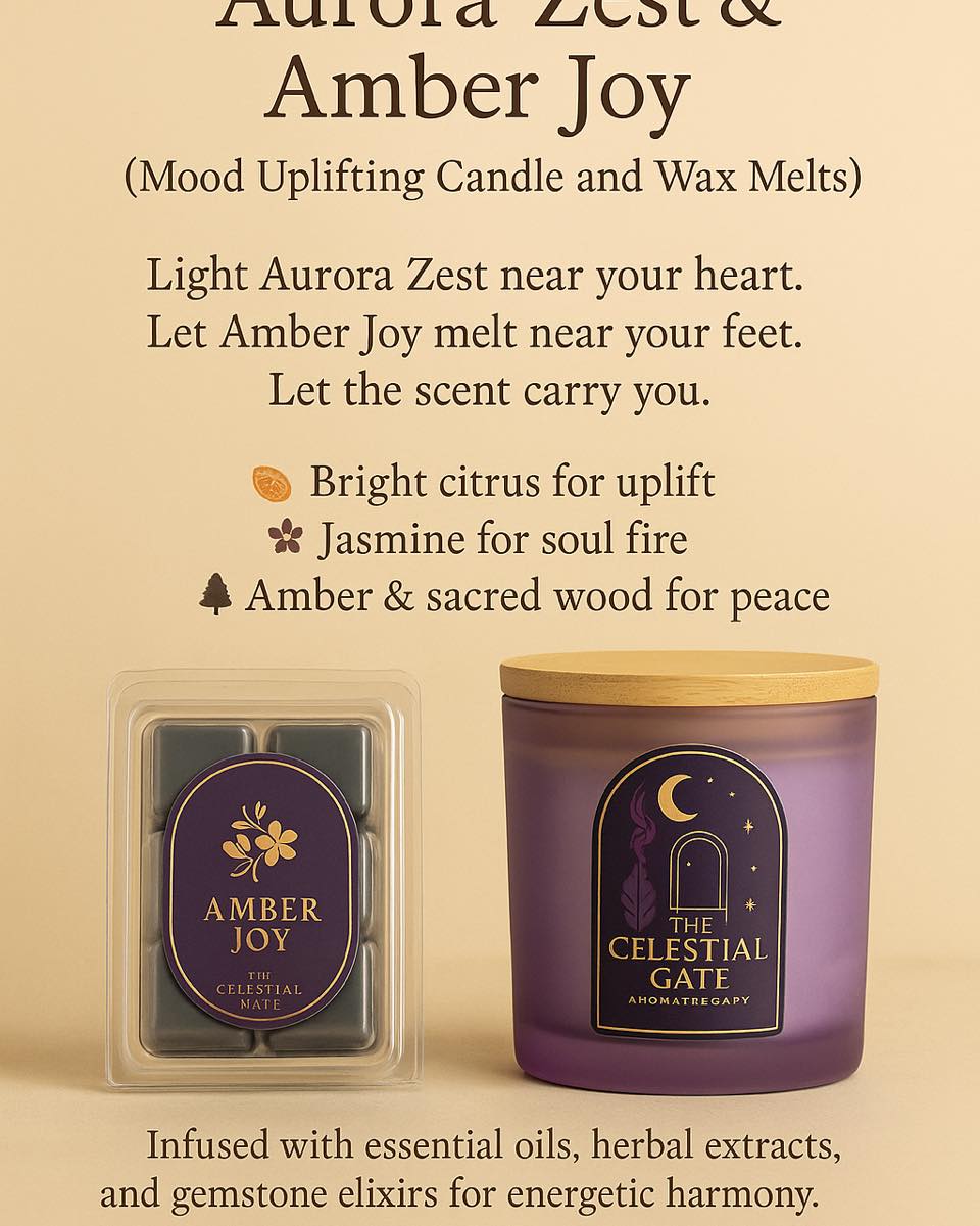 ✨ Product of the Day ✨
Aurora Zest & Amber Joy
Mood Uplifting Candle & Wax Melts 🌞
Scented with bright citrus, jasmine fire, and warm amber woods, this duo is infused with essential oils, herbal extracts, and gemstone elixirs.
Light one near your heart.
Melt one near your feet.
Let the mood shift—softly, powerfully.
🕯️ For joy. For warmth. For peace.
#TheCelestialGate #MoodUplift #SpiritualAromatherapy #AuroraZest #AmberJoy #CandleMagic #WaxMelts #RitualScent #SummerEnergy #SoulFire #EnergeticHarmony #ConsciousLiving #GemstoneInfused #SacredSpace