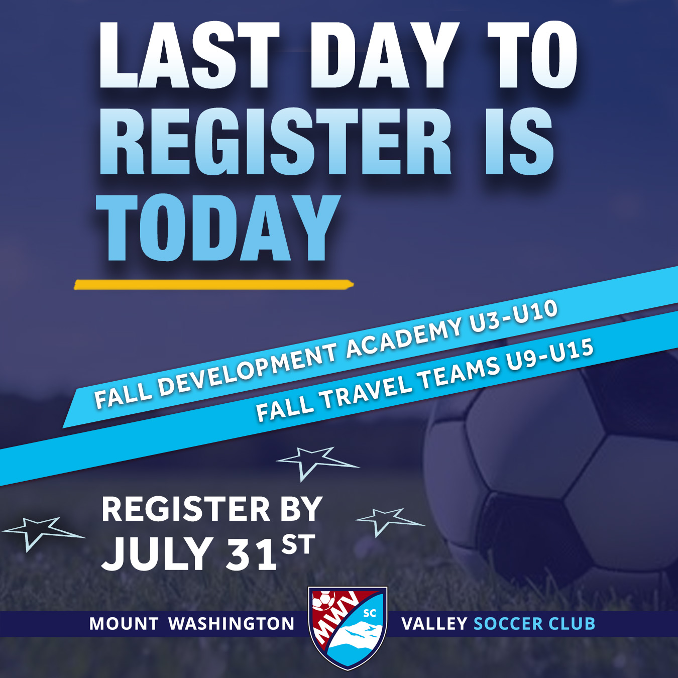 Registration for fall programs closes tonight - It's not too late! 
https://www.mwvsoccer.com/