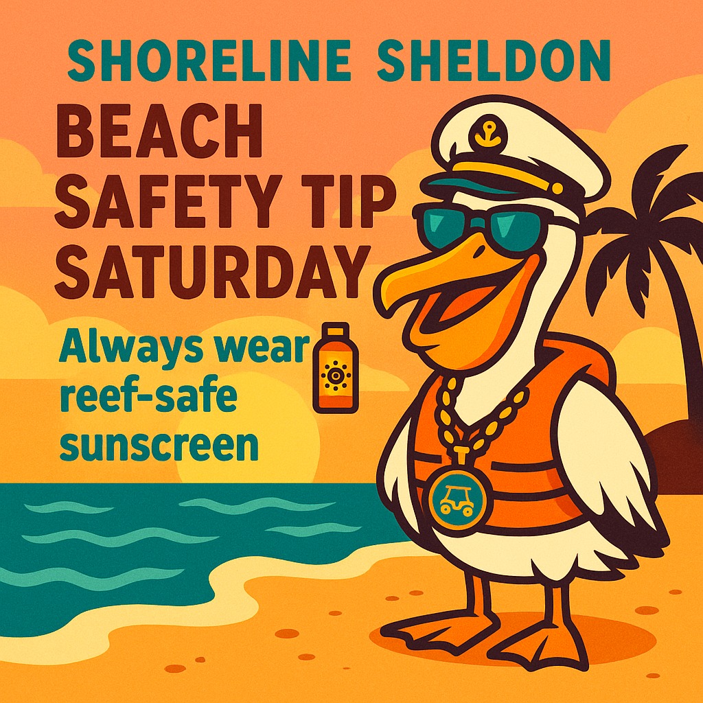 🏖️🌞 Shoreline Sheldon’s Beach Safety Tip Saturday 🌞🏖️
“Sun’s out, fun’s out—but don’t forget to protect your skin! ☀️🧴 Always wear reef-safe sunscreen and reapply every two hours (or after a dip in the water) to keep both you and our oceans happy.
#ShorelineSheldon #BeachSafetyTipSaturday #ReefSafe #SunSmart #TheGetawayCarts”
