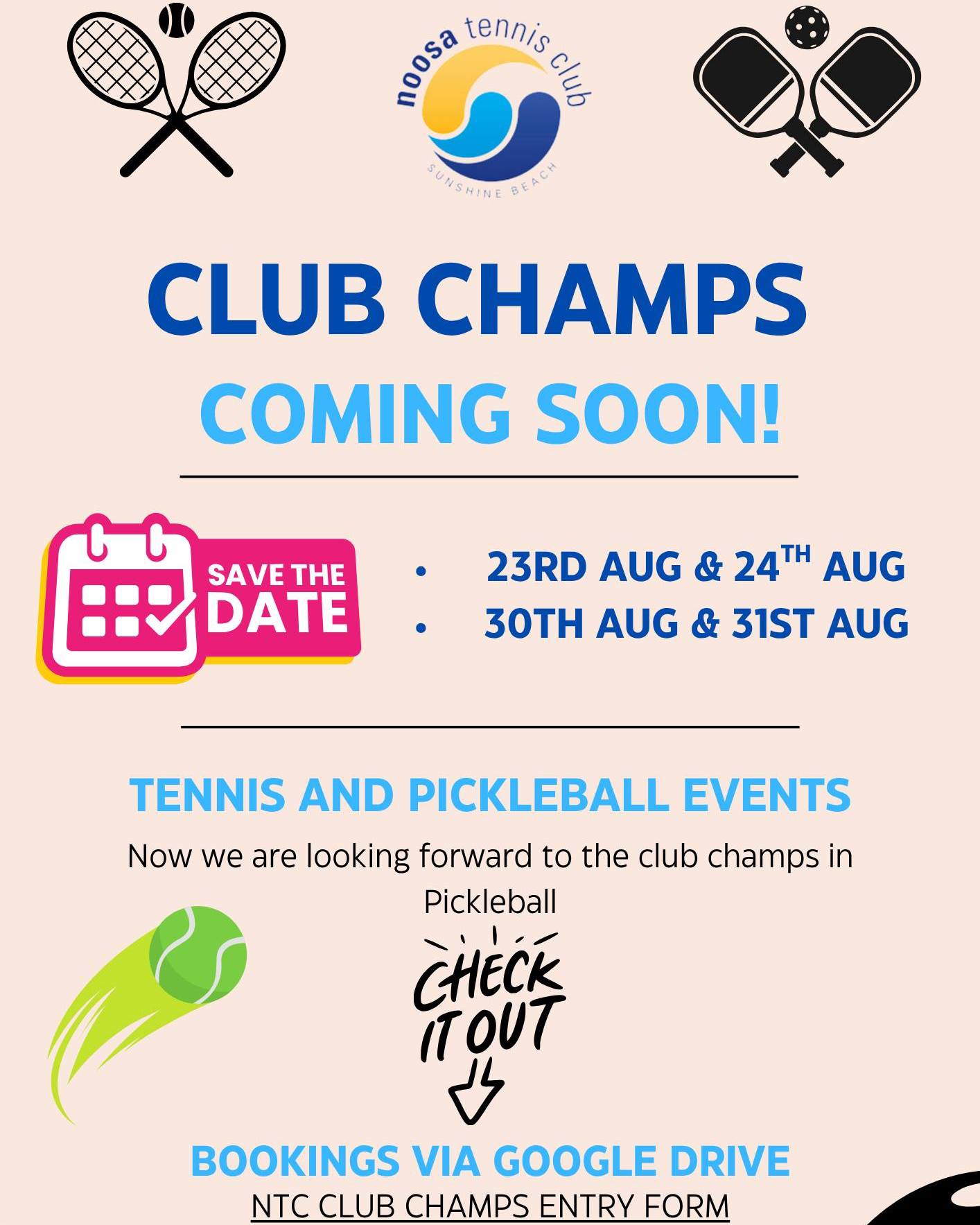 Noosa Tennis Club Championships are here! Tennis and Pickleball Events are scheduled.
Enter HERE:
https://docs.google.com/forms/d/e/1FAIpQLSfm_EJSygtUH6qJHny2ySSXrsqQeymbizW5WuA50aYA8vpcEA/viewform?usp=send_form