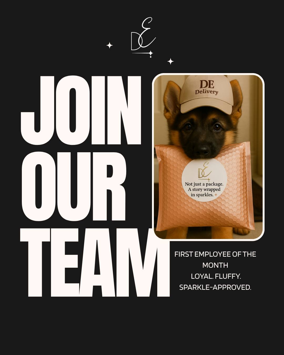 He started as a prompt.
Then became a protector.
Meet Samson — our first employee of the month 🐾
Real loyalty. Real sparkle delivery.
Every story we send out begins with a wagging tail and ends in shimmer.
📦✨
#DivergentElements #JoinOurTeam #SparkleDog #EmployeeOfTheMonth #RealMascot #GermanShepherd #DogLovers