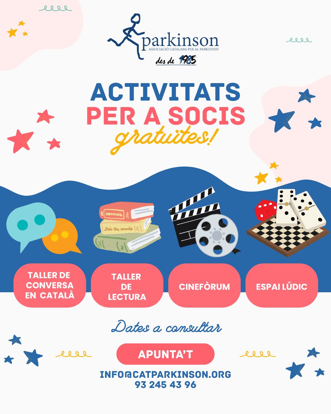 📢 Us recordem algunes de les activitats gratuïtes que us oferim: taller de conversa, lectura, espai lúdic o cinefòrum. T'hi apuntes a la tornada? Recorda que tornem l'1 de setembre!
#juntsmiremcapalfutur #parkinson #activitat