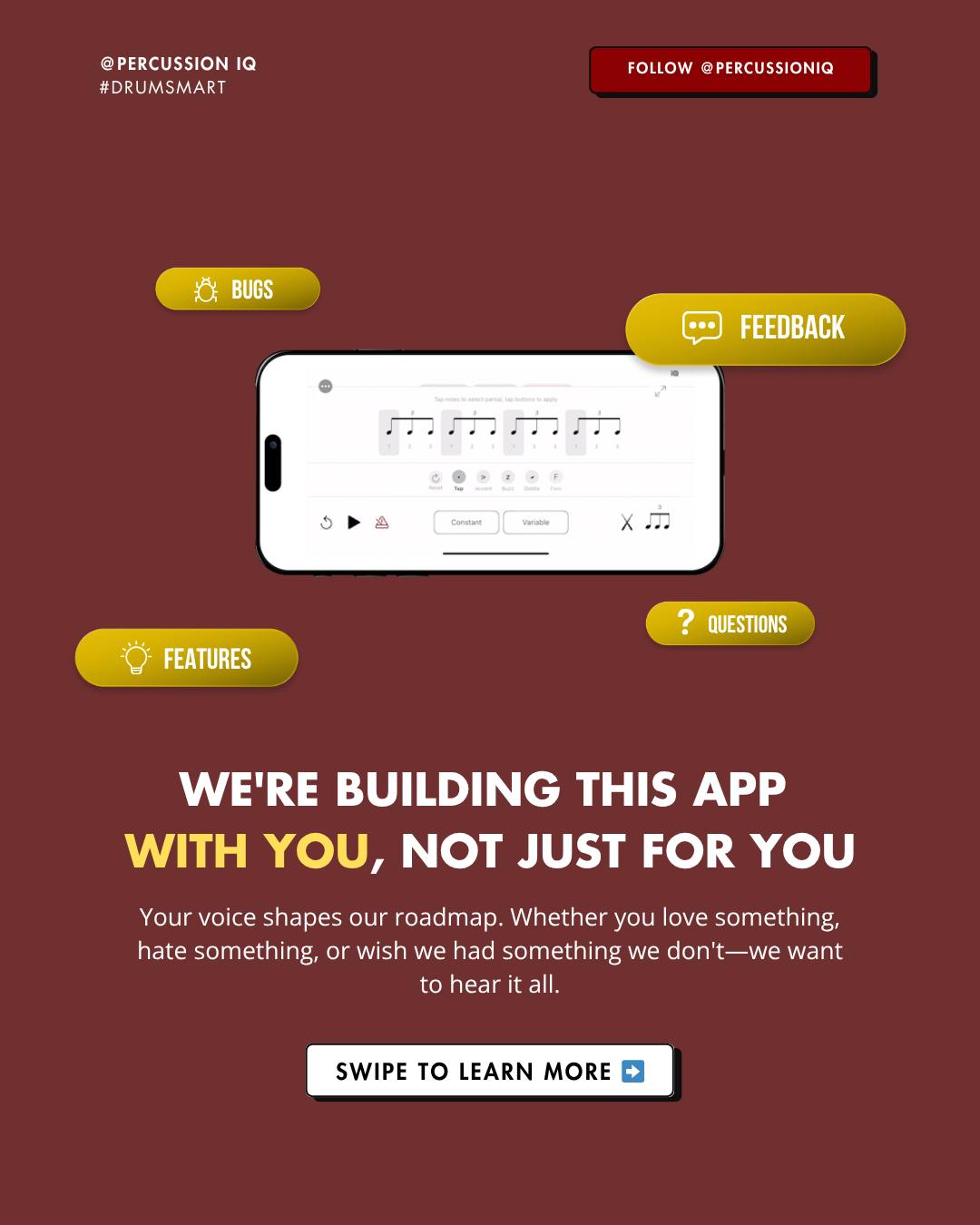 Help us shape the future of the Percussion IQ App!
We're looking to make our app a community-informed platform for percussion practice and we want your help.
Comment the word 'Feedback' to be invited to our Feature Board where you can directly impact the Percussion IQ Roadmap!
WHAT IS THE PERCUSSION IQ APP?
Our app is the practice tool built to help you #drumsmart Expand your vocabulary, build chops, and attain mastery over your craft. Available now, free, on IOS. On Android in Fall 2025.
Visit the link in our bio or comment "Download" to get the free app on your device!
WANT TO LEARN MORE?
Visit the link in our bio and click "Learn More"
#percussioniqapp #iq #percussioniq #snare #quad #percussionist #wgi #dci #indoordrumline #drumline #drum #drumcorps #music #marchingarts #drummunity #marchingpercussion #marching #snaredrum #tenordrums #marchingsnare #bandsofamerica #percussioneducationschool