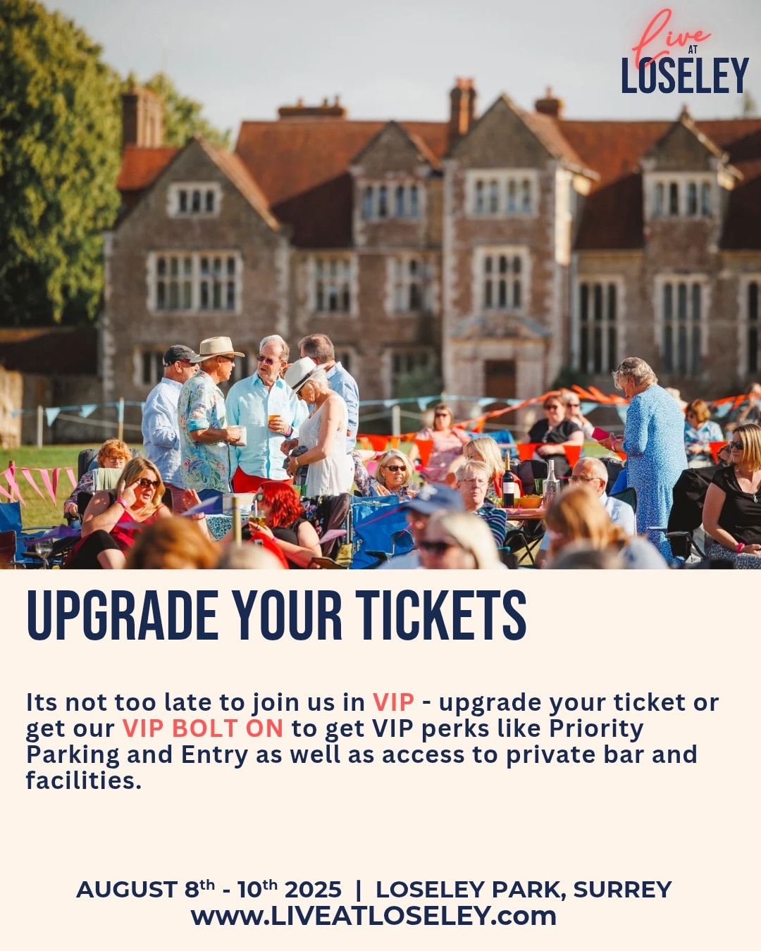 ✨Time to upgrade your night at Loseley!✨
Already got your tickets? Head to our website and look for the VIP Upgrade or VIP Bolt-On Perk to add a touch of luxury to your evening.
Get Priority Parking, Fast-Track Entry and get Access to the VIP bar and luxury facilities.
🥂 While you're there, pre-order a Grazing Picnic or a bottle of Emissary Prosecco – and save money compared to on-the-day prices!
🎟️ Upgrade now on the website - it’s your night, make it extra special.
#liveatloseley #VIPUpgrade #outdoorconcert #surreyevents #summerfestival #grazingpicnic #PreOrderPerks #emissaryprosecco #thingstodosurrey
