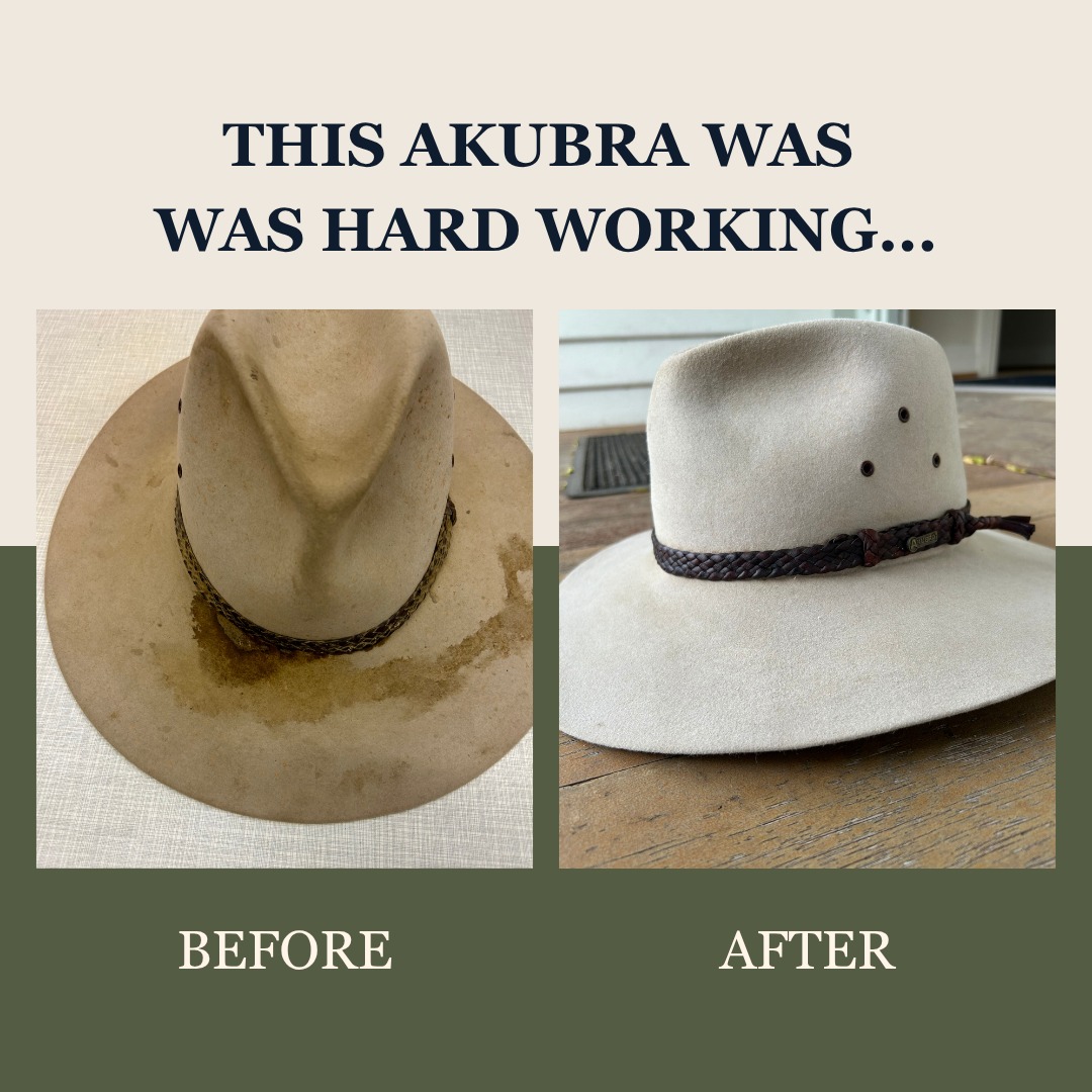 From drafting cattle to the men’s shed, this cream Riverina Akubra hat has seen it all!
It came in with a huge stain and plenty of hard work under its brim and left looking fresh, clean, and ready to get back to work. I treated all of the individual stains before giving the hat a complete clean and stretch.
With the right care, a good hat should last a lifetime!
#FortinHats #AkubraRepair #BeforeAndAfter #CountryLife #RuralStyle #akubrarepairer #akubraofficial