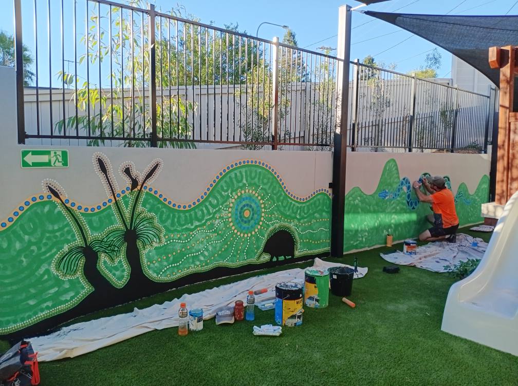 We finally escaped the workshed and spent day 4 with beautiful weather working on the Active Kids mural at Churchil, progress is being made, slowly but surely we're getting there 😀